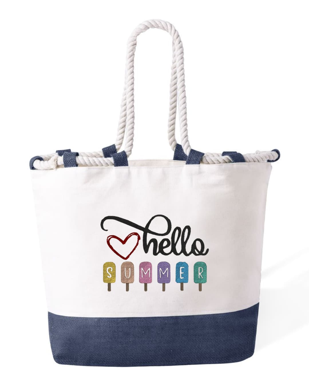 Borsa Mare in Cotone Resistente 280 g/m² – Manici Lunghi Rinforzati 50 cm – Design Ricamato Scritta summer su ghiaccioli-Biiply