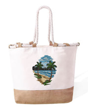 Borsa Mare in Cotone Resistente 280 g/m² – Manici Lunghi Rinforzati 50 cm – Design Ricamato Spiaggia con palme-Biiply