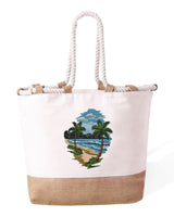 Bolso de Playa de Algodón Resistente de 280 g/m² – Asas Largas Reforzadas de 50 cm – Diseño Bordado Playa con palmeras