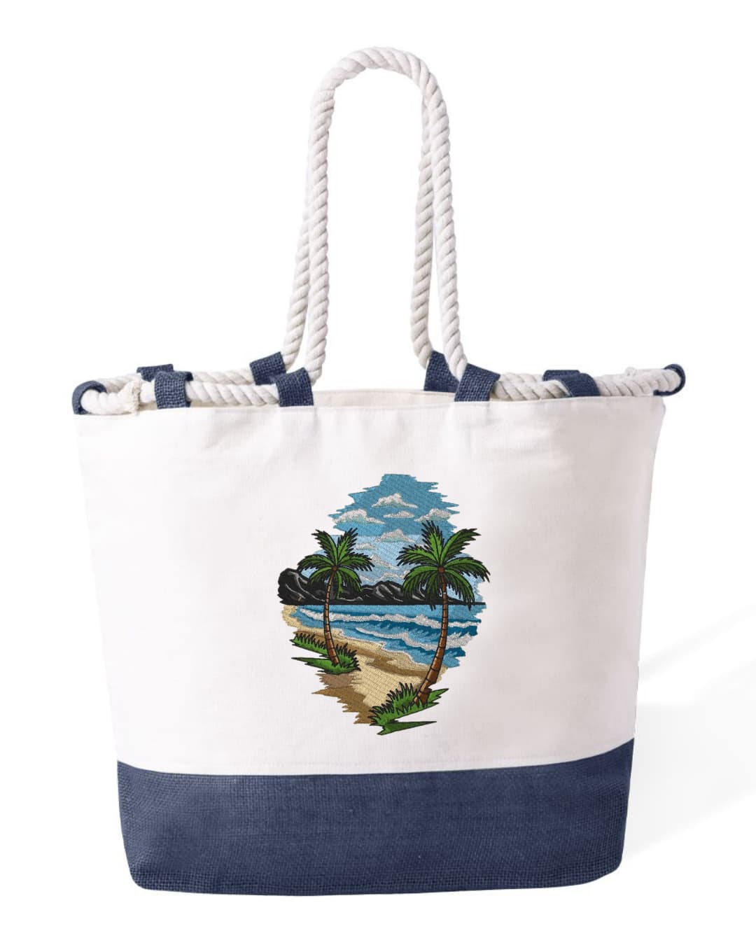Borsa Mare in Cotone Resistente 280 g/m² – Manici Lunghi Rinforzati 50 cm – Design Ricamato Spiaggia con palme-Biiply