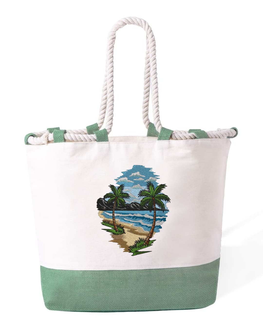 Borsa Mare in Cotone Resistente 280 g/m² – Manici Lunghi Rinforzati 50 cm – Design Ricamato Spiaggia con palme-Biiply