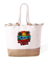 Bolso de playa de algodón resistente 280 g/m² – Asas largas reforzadas 50 cm – Diseño bordado Summer Vibes