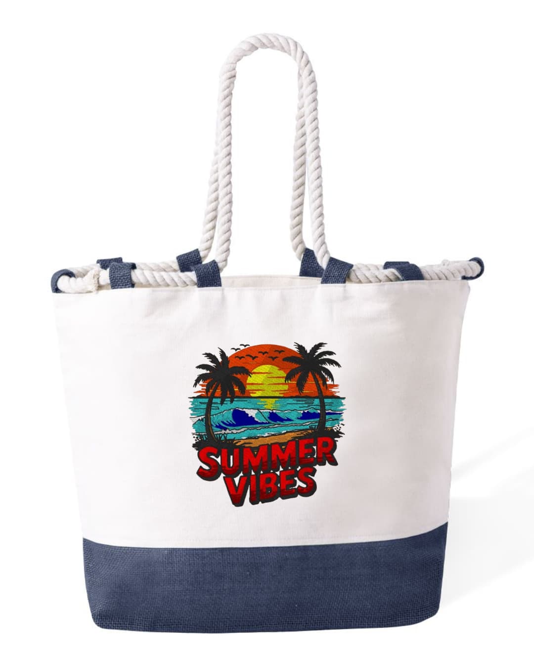 Borsa Mare in Cotone Resistente 280 g/m² – Manici Lunghi Rinforzati 50 cm – Design Ricamato Summer Vibes-Biiply