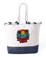 Bolso de playa de algodón resistente 280 g/m² – Asas largas reforzadas 50 cm – Diseño bordado Summer Vibes