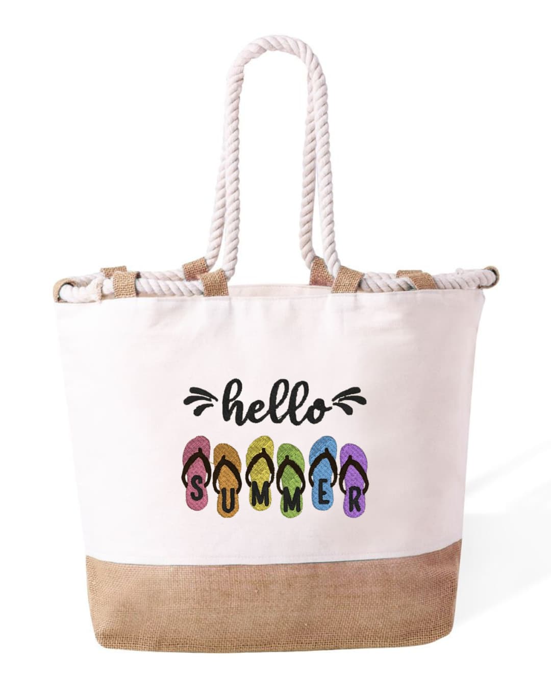 Borsa Mare in Cotone Resistente 280 g/m² – Manici Lunghi Rinforzati 50 cm – Design Ricamato con ciabatte e scritta hello summer-Biiply