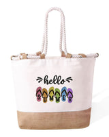 Borsa Mare in Cotone Resistente 280 g/m² – Manici Lunghi Rinforzati 50 cm – Design Ricamato con ciabatte e scritta hello summer