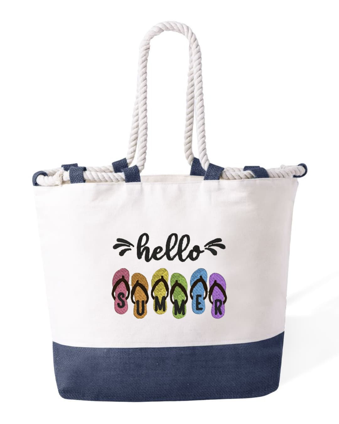 Borsa Mare in Cotone Resistente 280 g/m² – Manici Lunghi Rinforzati 50 cm – Design Ricamato con ciabatte e scritta hello summer-Biiply