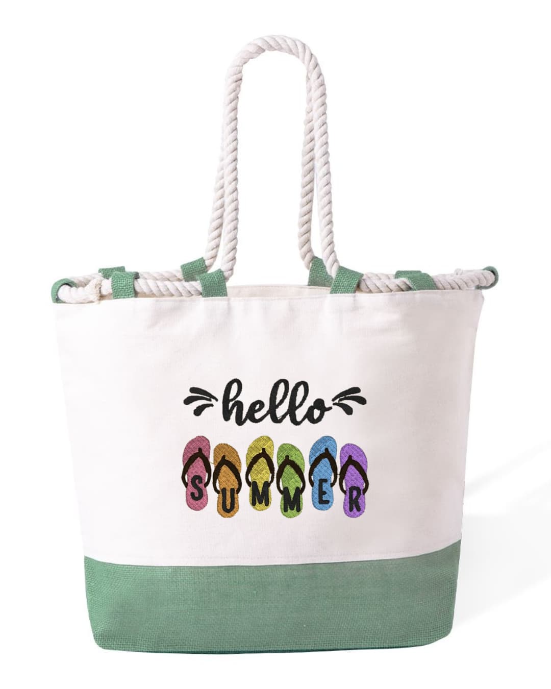 Borsa Mare in Cotone Resistente 280 g/m² – Manici Lunghi Rinforzati 50 cm – Design Ricamato con ciabatte e scritta hello summer-Biiply