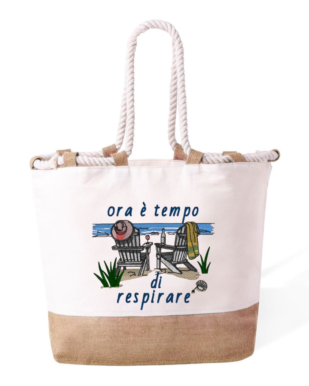 Borsa Mare in Cotone Resistente 280 g/m² – Manici Lunghi Rinforzati 50 cm – Design Ricamato ora è tempo di respirare-Biiply