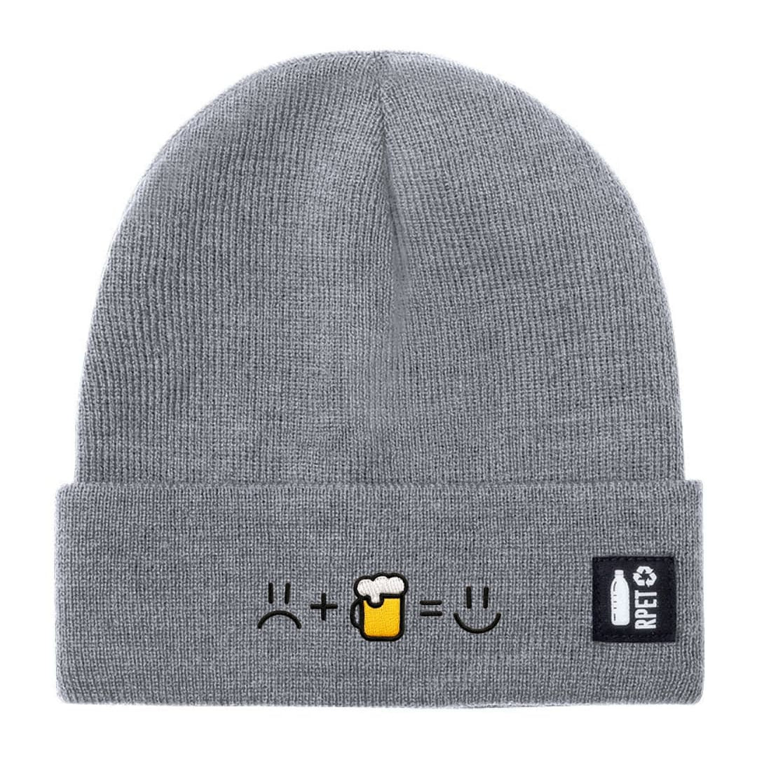 Cappello a Maglia in RPET Riciclato – Morbido e Caldo – Linea Sostenibile Naturaleine – Design Ricamato Faccia Triste + Birra = Faccia felice-Biiply