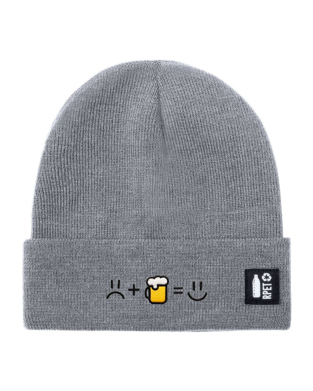 Cappello a Maglia in RPET Riciclato – Morbido e Caldo – Linea Sostenibile Naturaleine – Design Ricamato Faccia Triste + Birra = Faccia felice-Biiply