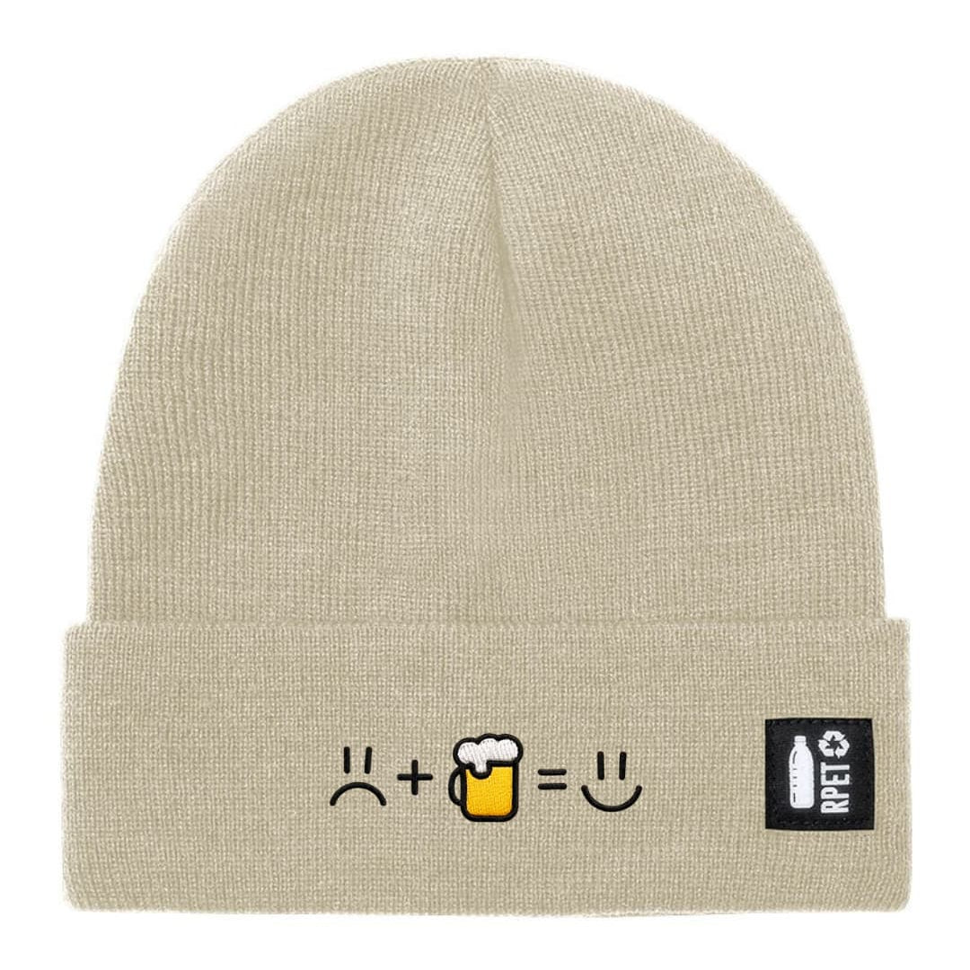 Cappello a Maglia in RPET Riciclato – Morbido e Caldo – Linea Sostenibile Naturaleine – Design Ricamato Faccia Triste + Birra = Faccia felice-Biiply