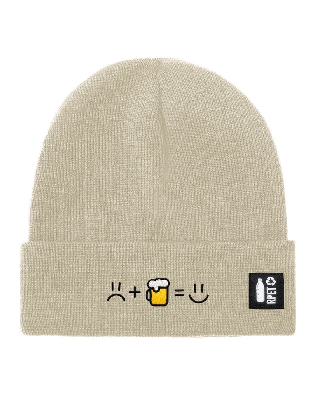 Cappello a Maglia in RPET Riciclato – Morbido e Caldo – Linea Sostenibile Naturaleine – Design Ricamato Faccia Triste + Birra = Faccia felice-Biiply