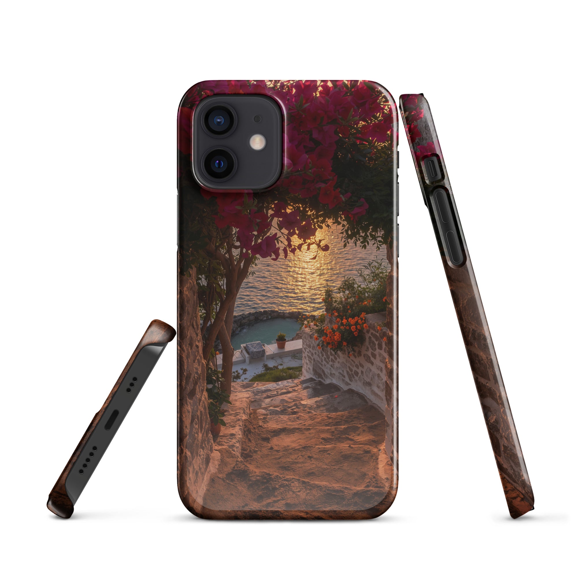 Cover iPhone Resistente – Compatibile con Ricarica Wireless – Design Tra Fiori e Pietra-Biiply