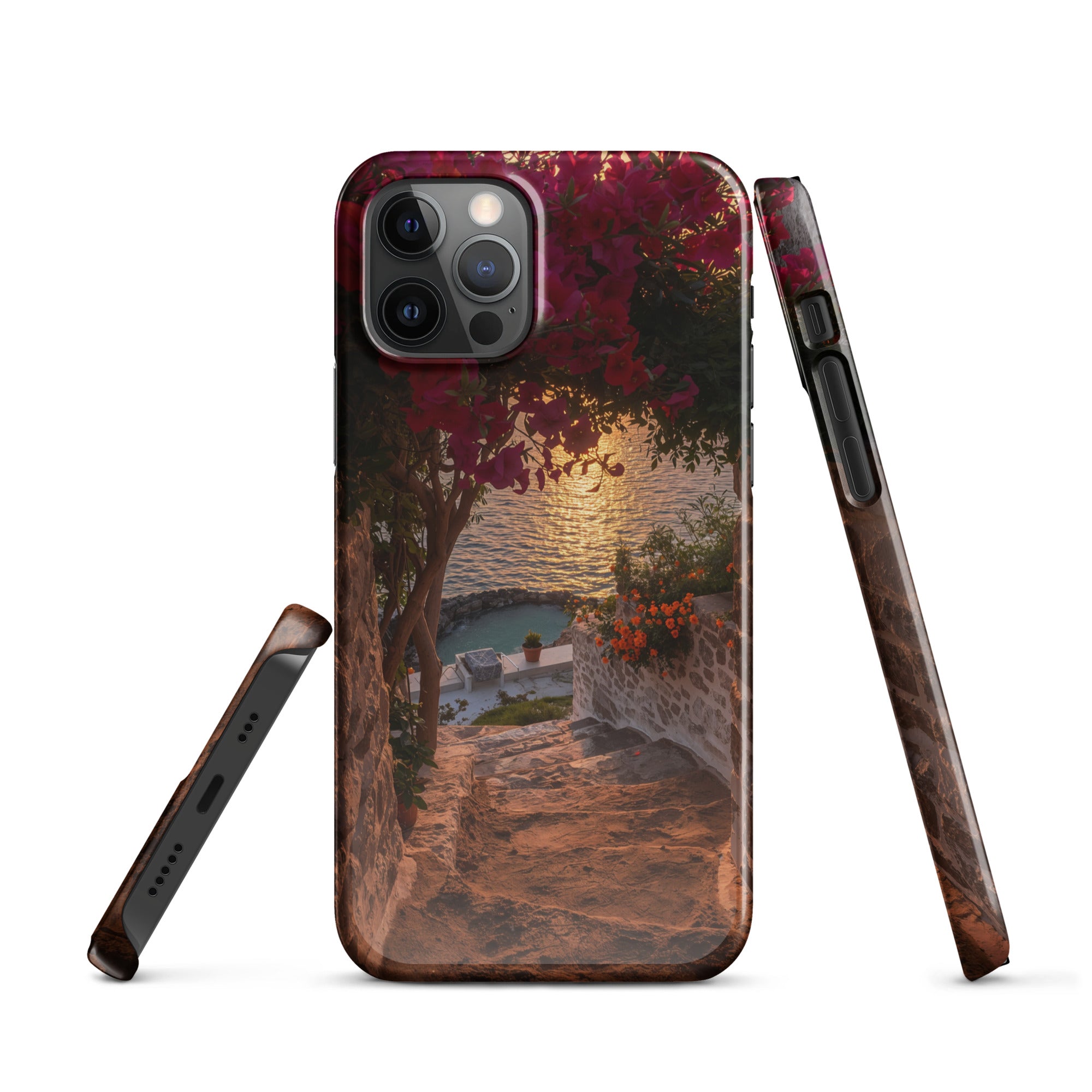 Cover iPhone Resistente – Compatibile con Ricarica Wireless – Design Tra Fiori e Pietra-Biiply