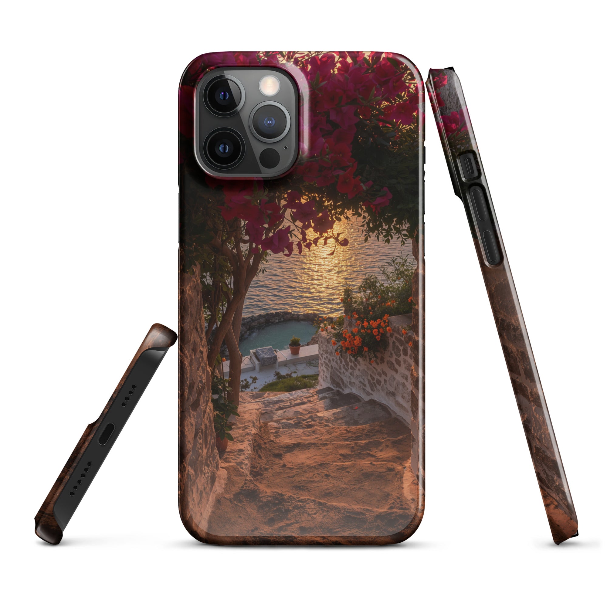 Cover iPhone Resistente – Compatibile con Ricarica Wireless – Design Tra Fiori e Pietra-Biiply