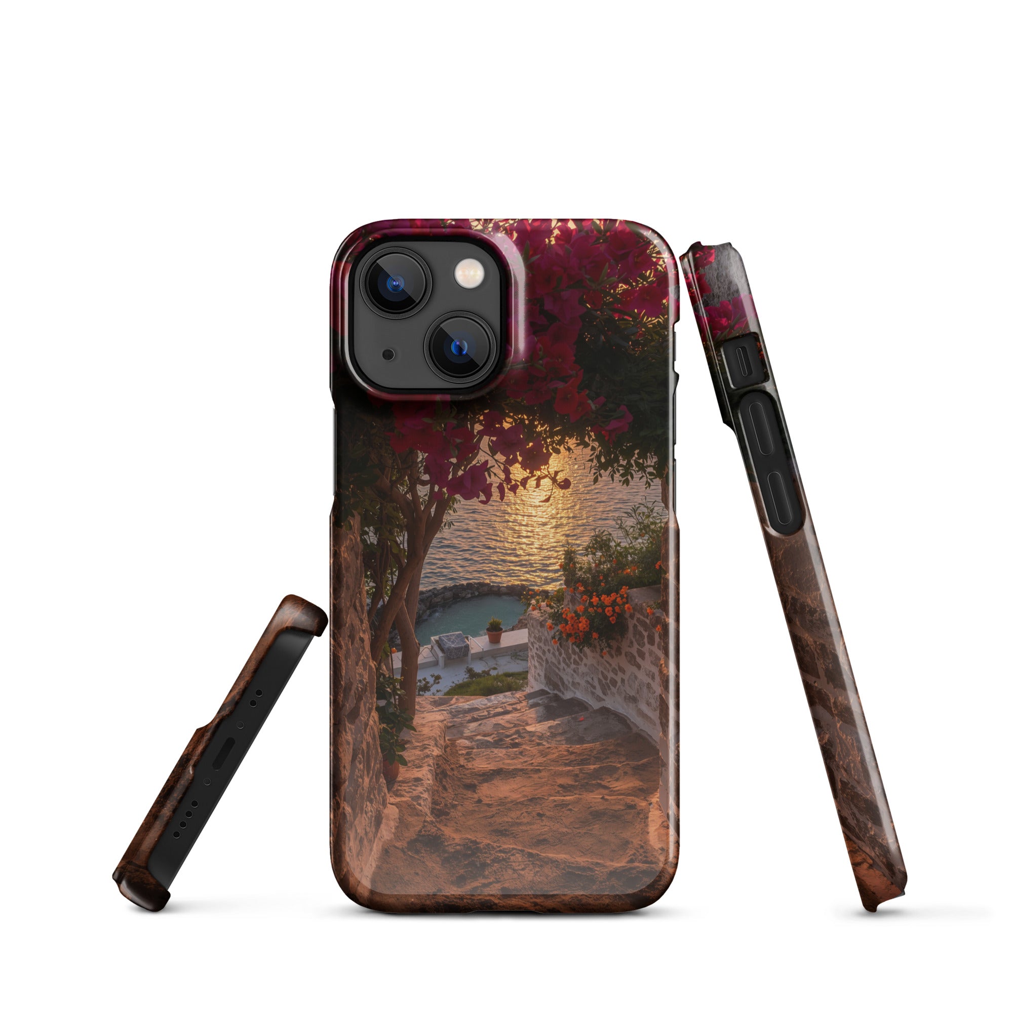 Cover iPhone Resistente – Compatibile con Ricarica Wireless – Design Tra Fiori e Pietra-Biiply