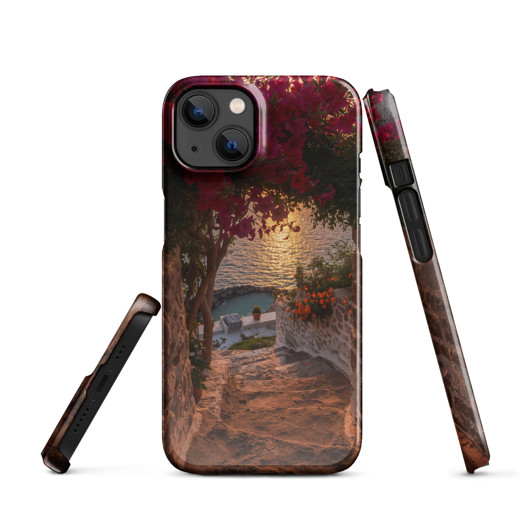 Cover iPhone Resistente – Compatibile con Ricarica Wireless – Design Tra Fiori e Pietra-Biiply