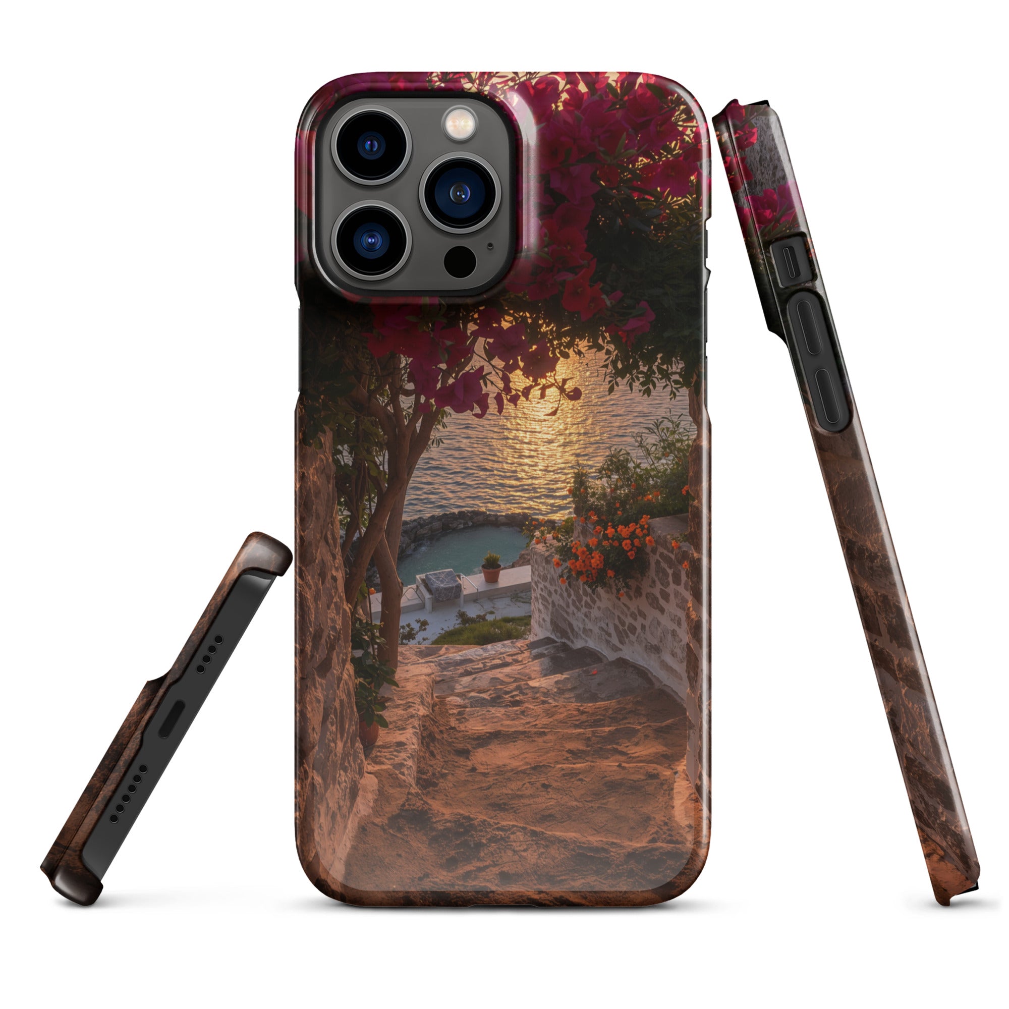 Cover iPhone Resistente – Compatibile con Ricarica Wireless – Design Tra Fiori e Pietra-Biiply