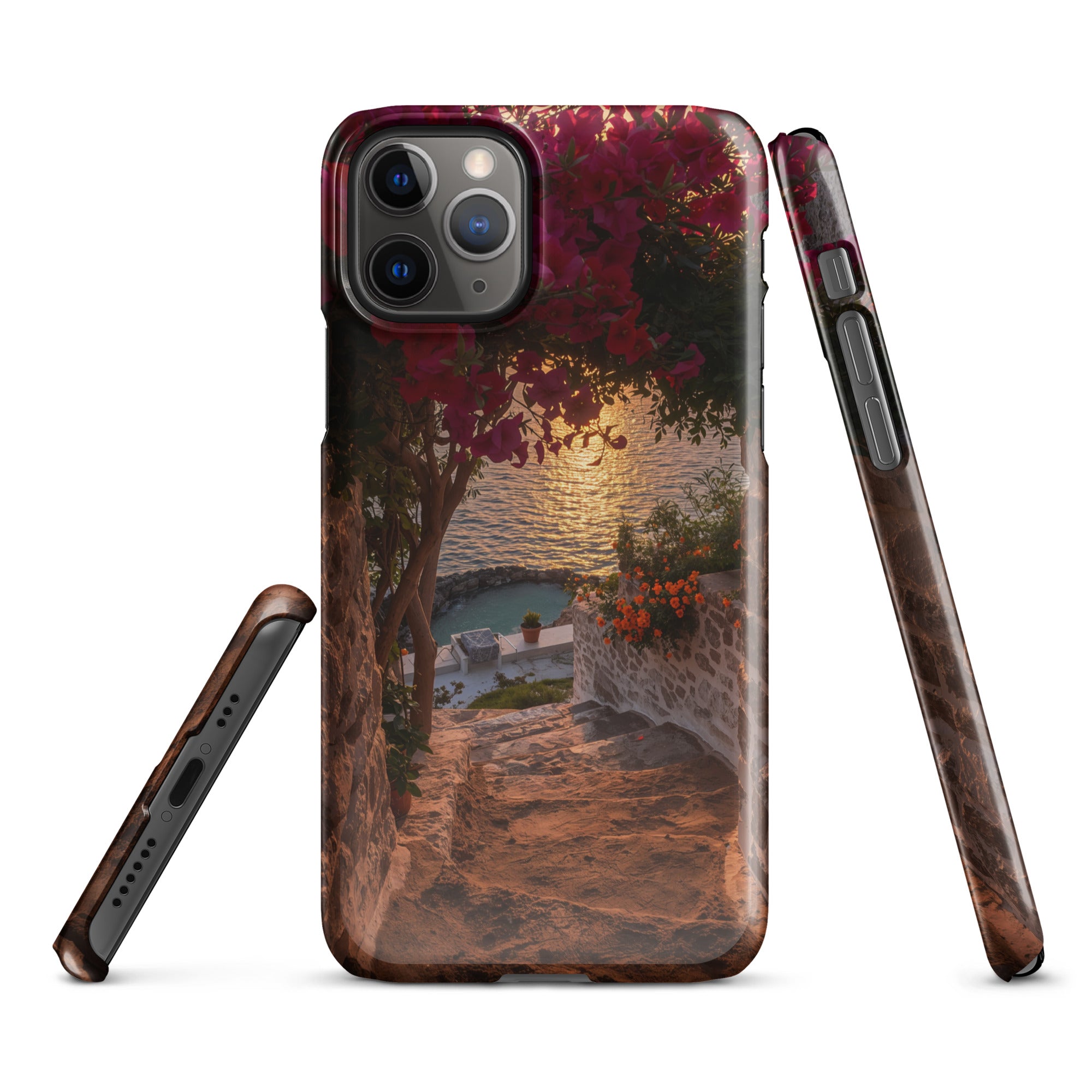 Cover iPhone Resistente – Compatibile con Ricarica Wireless – Design Tra Fiori e Pietra-Biiply