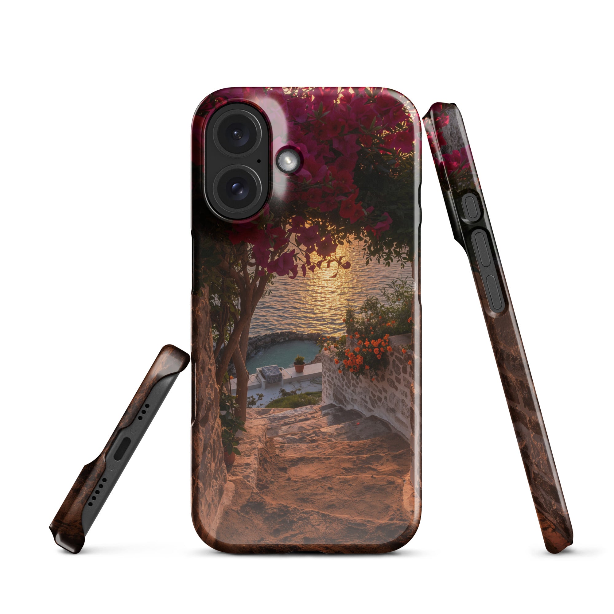 Cover iPhone Resistente – Compatibile con Ricarica Wireless – Design Tra Fiori e Pietra-Biiply