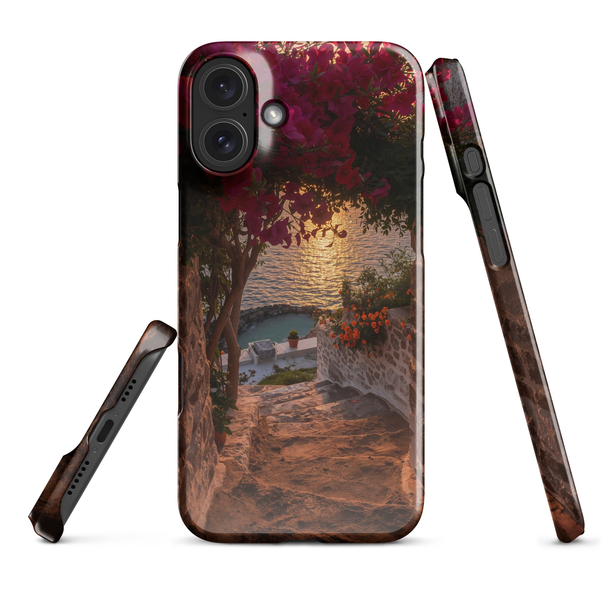 Cover iPhone Resistente – Compatibile con Ricarica Wireless – Design Tra Fiori e Pietra-Biiply