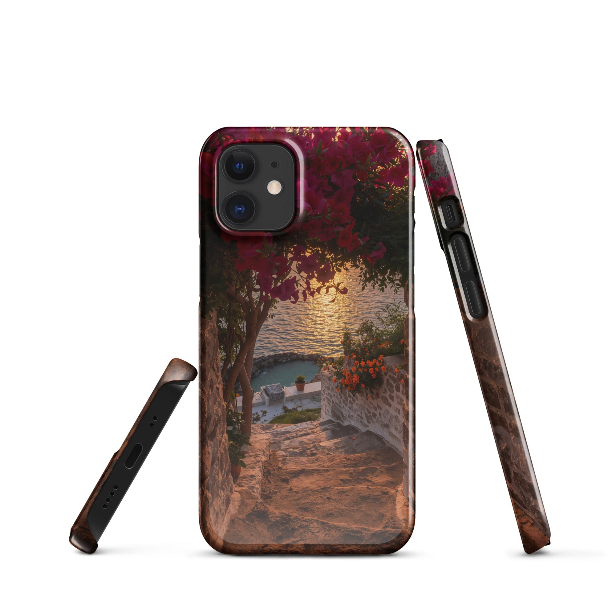 Cover iPhone Resistente – Compatibile con Ricarica Wireless – Design Tra Fiori e Pietra-Biiply