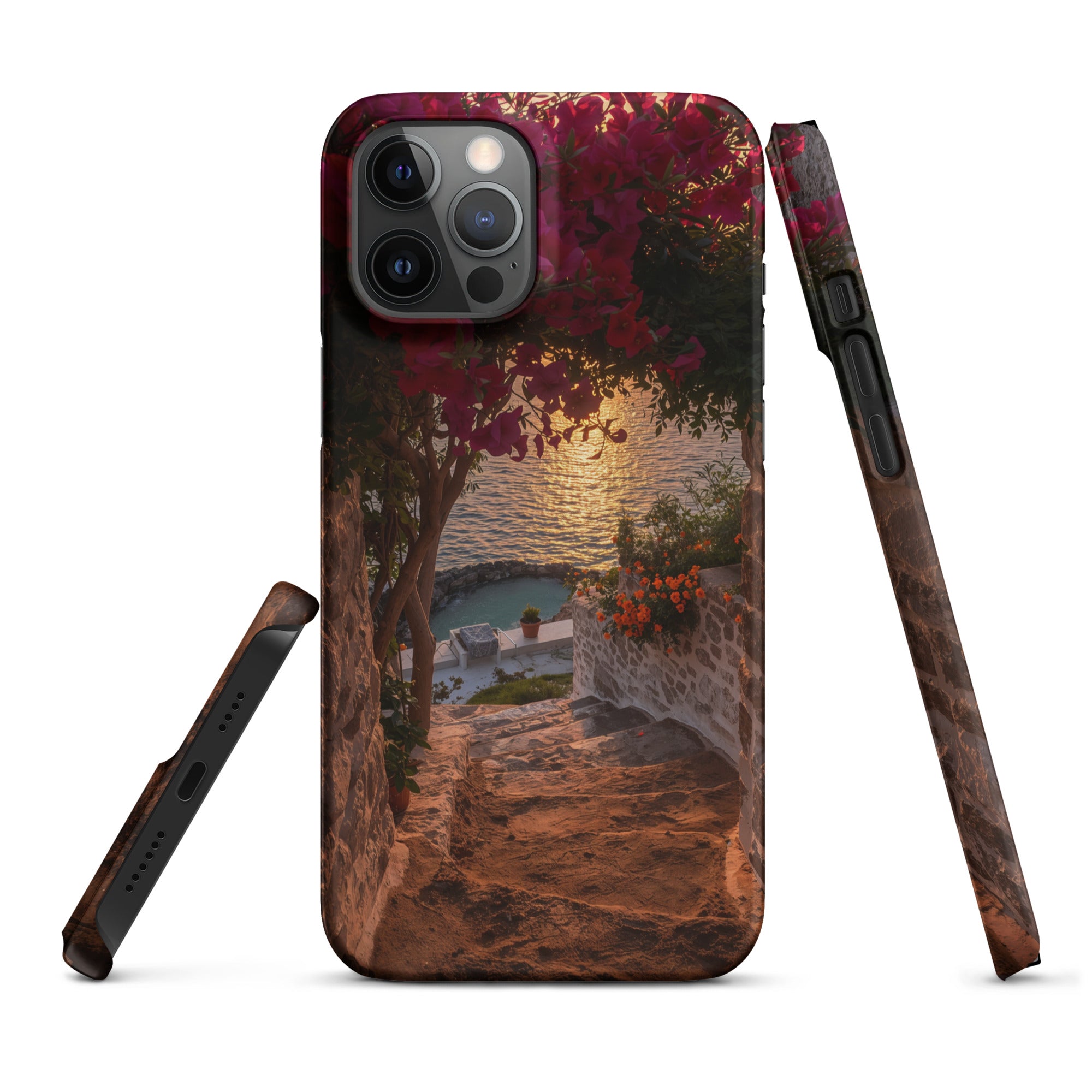 Cover iPhone Resistente – Compatibile con Ricarica Wireless – Design Tra Fiori e Pietra-Biiply