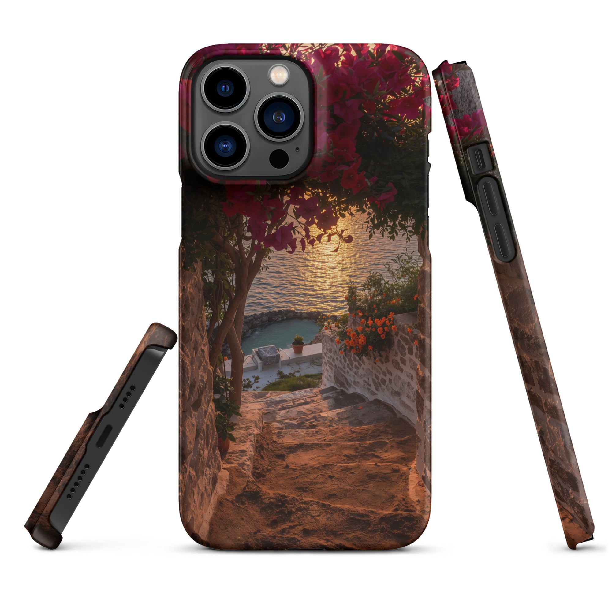 Cover iPhone Resistente – Compatibile con Ricarica Wireless – Design Tra Fiori e Pietra-Biiply