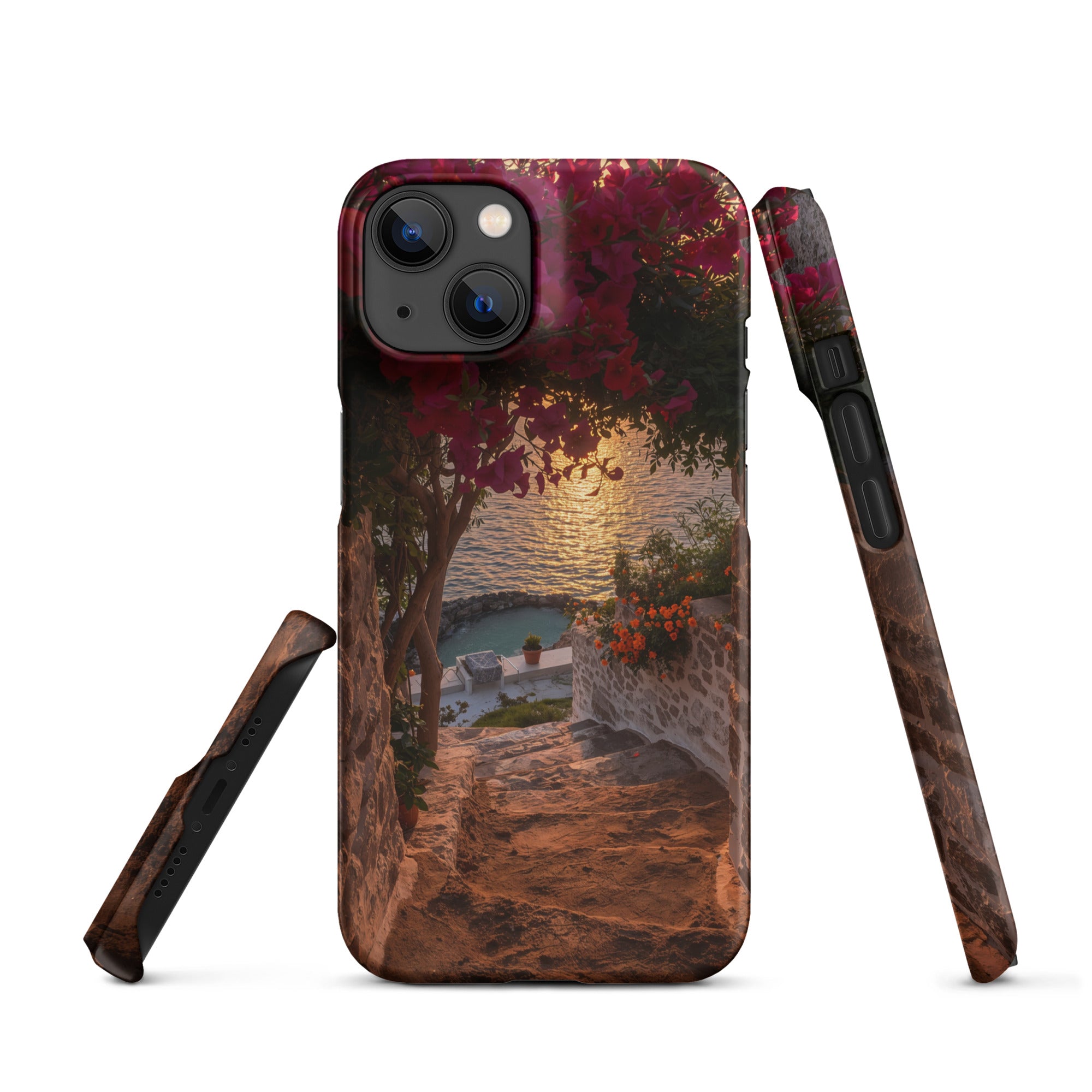 Cover iPhone Resistente – Compatibile con Ricarica Wireless – Design Tra Fiori e Pietra-Biiply