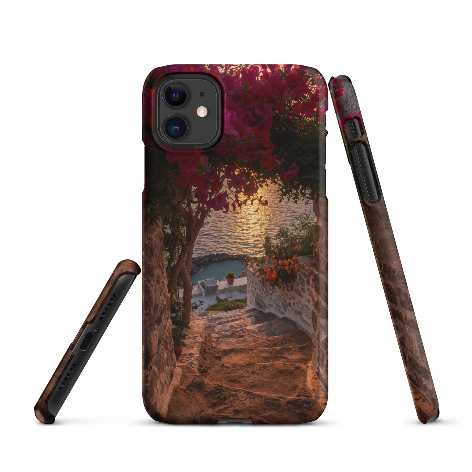 Cover iPhone Resistente – Compatibile con Ricarica Wireless – Design Tra Fiori e Pietra-Biiply
