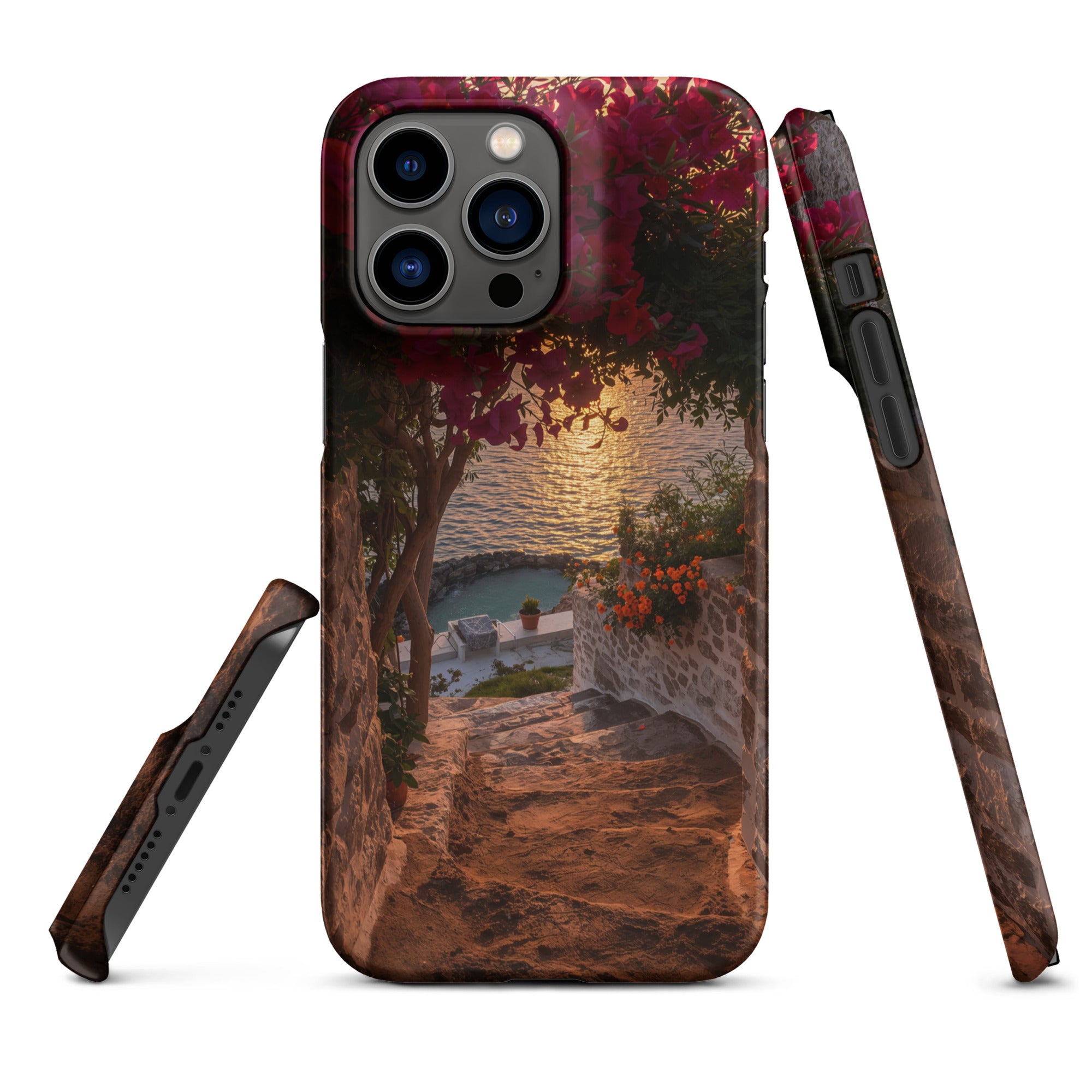Cover iPhone Resistente – Compatibile con Ricarica Wireless – Design Tra Fiori e Pietra-Biiply