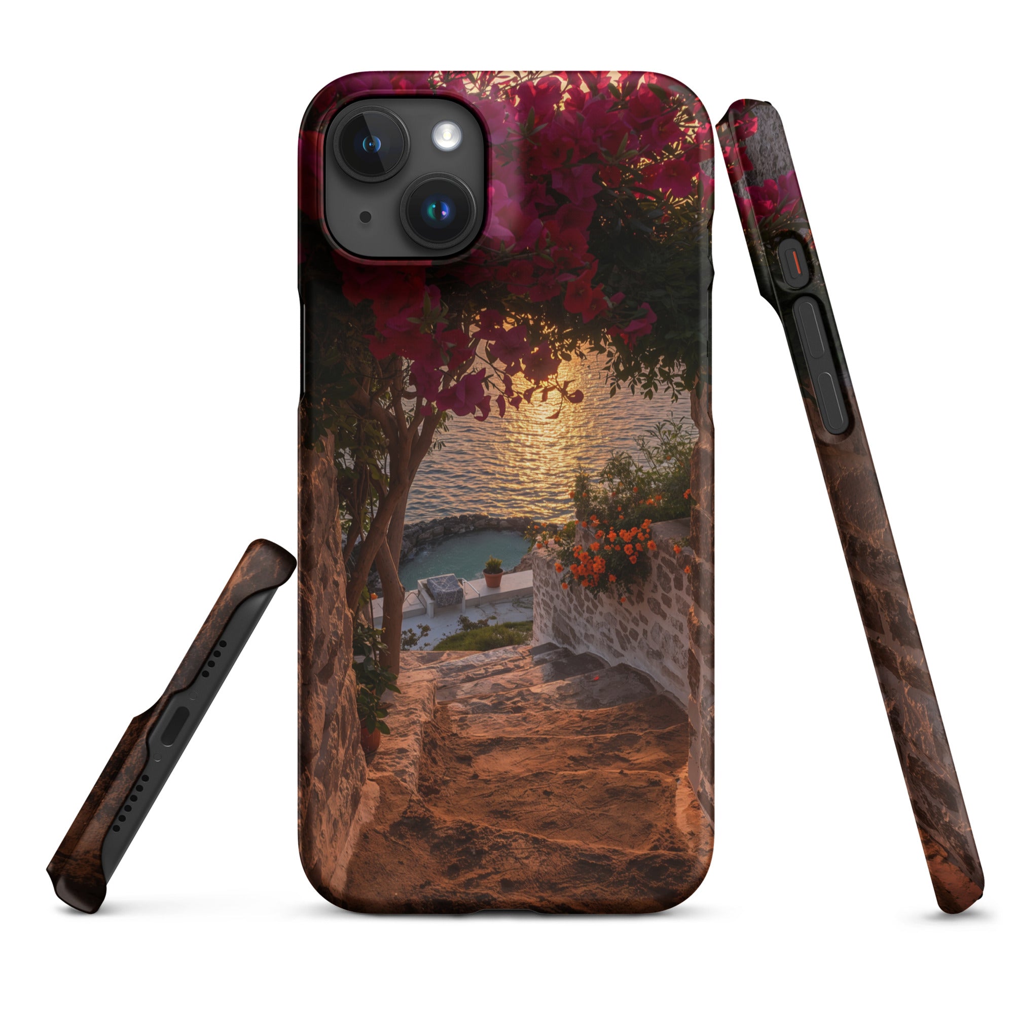 Cover iPhone Resistente – Compatibile con Ricarica Wireless – Design Tra Fiori e Pietra-Biiply