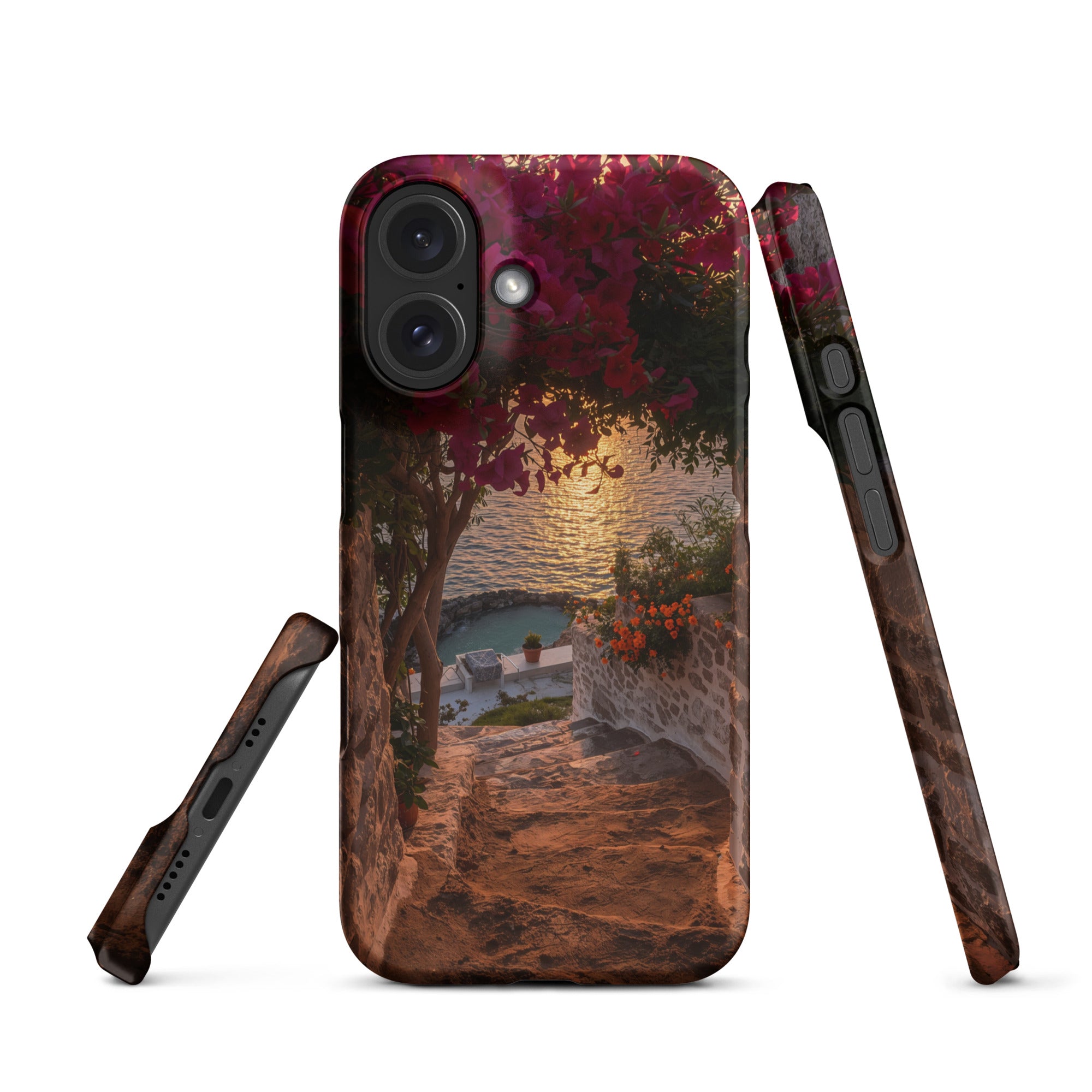 Cover iPhone Resistente – Compatibile con Ricarica Wireless – Design Tra Fiori e Pietra-Biiply
