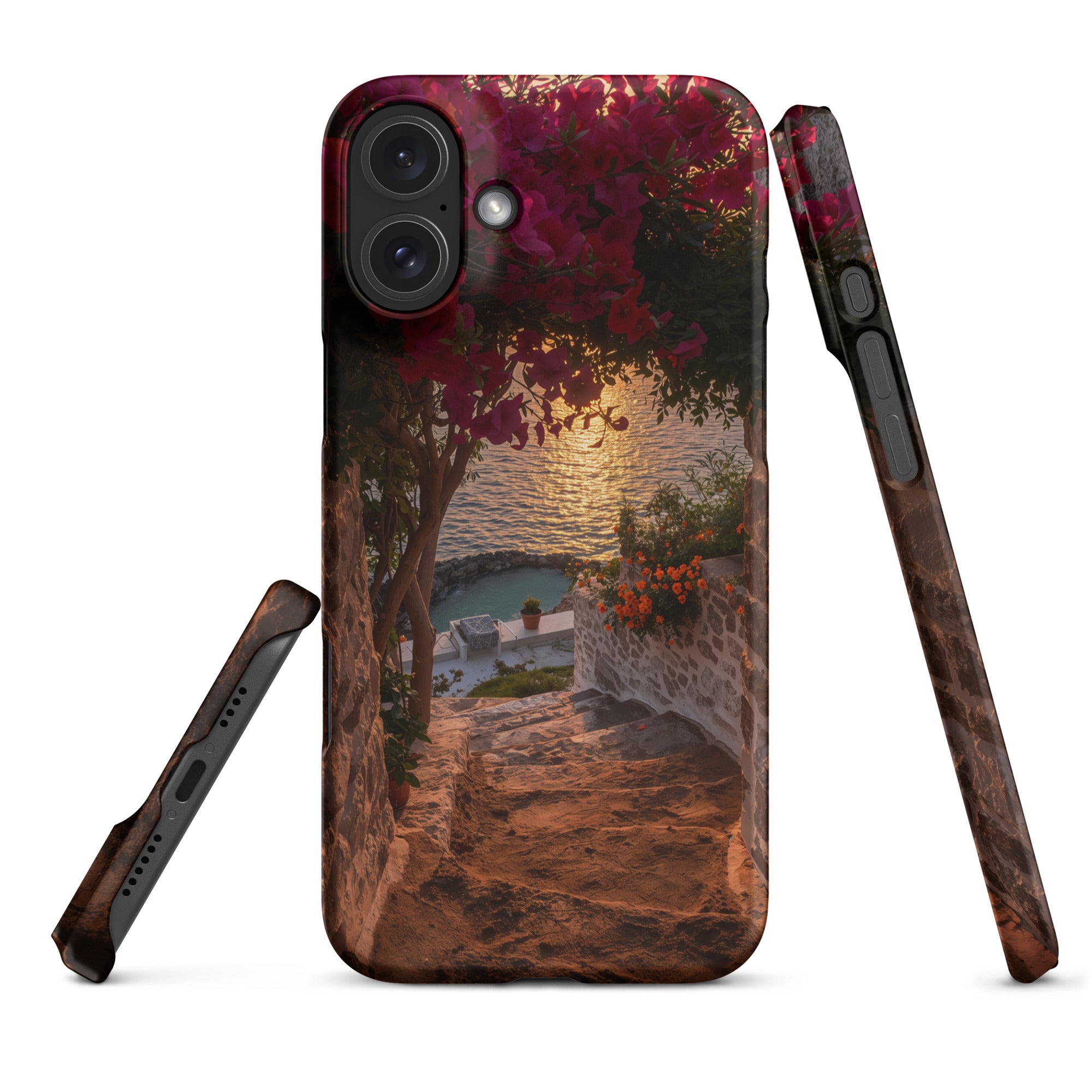 Cover iPhone Resistente – Compatibile con Ricarica Wireless – Design Tra Fiori e Pietra-Biiply
