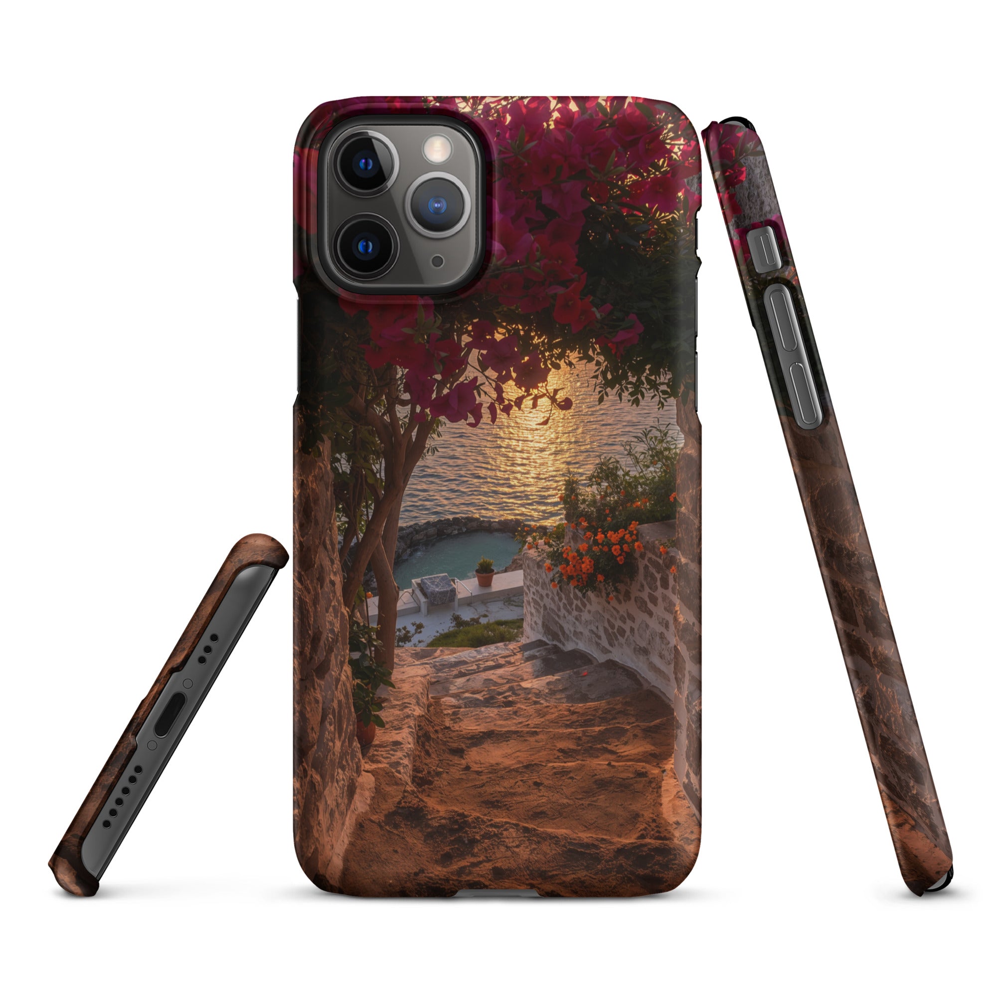 Cover iPhone Resistente – Compatibile con Ricarica Wireless – Design Tra Fiori e Pietra-Biiply