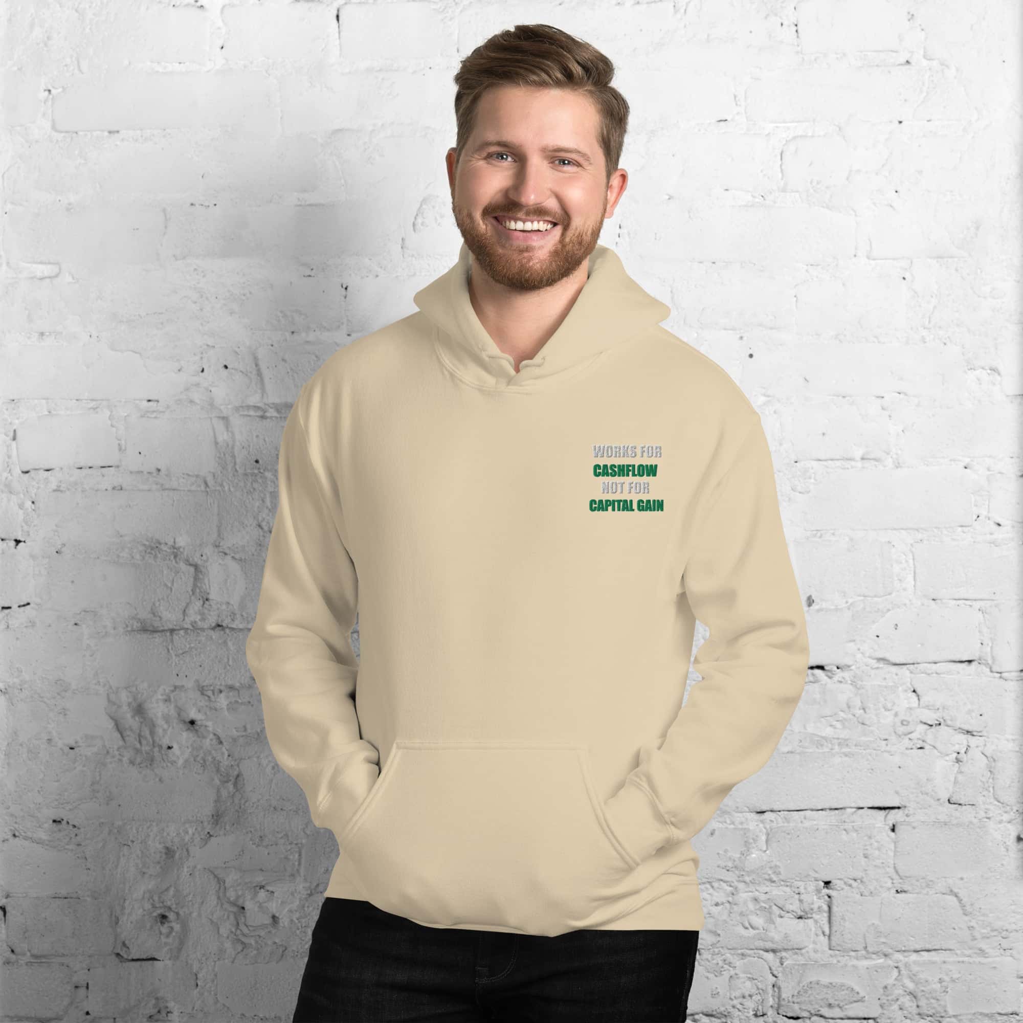 Felpa Ricamata Unisex – Morbida con Cappuccio e Tasca Frontale – Stile Streetwear – Works For Cashflow No Capital Gain White