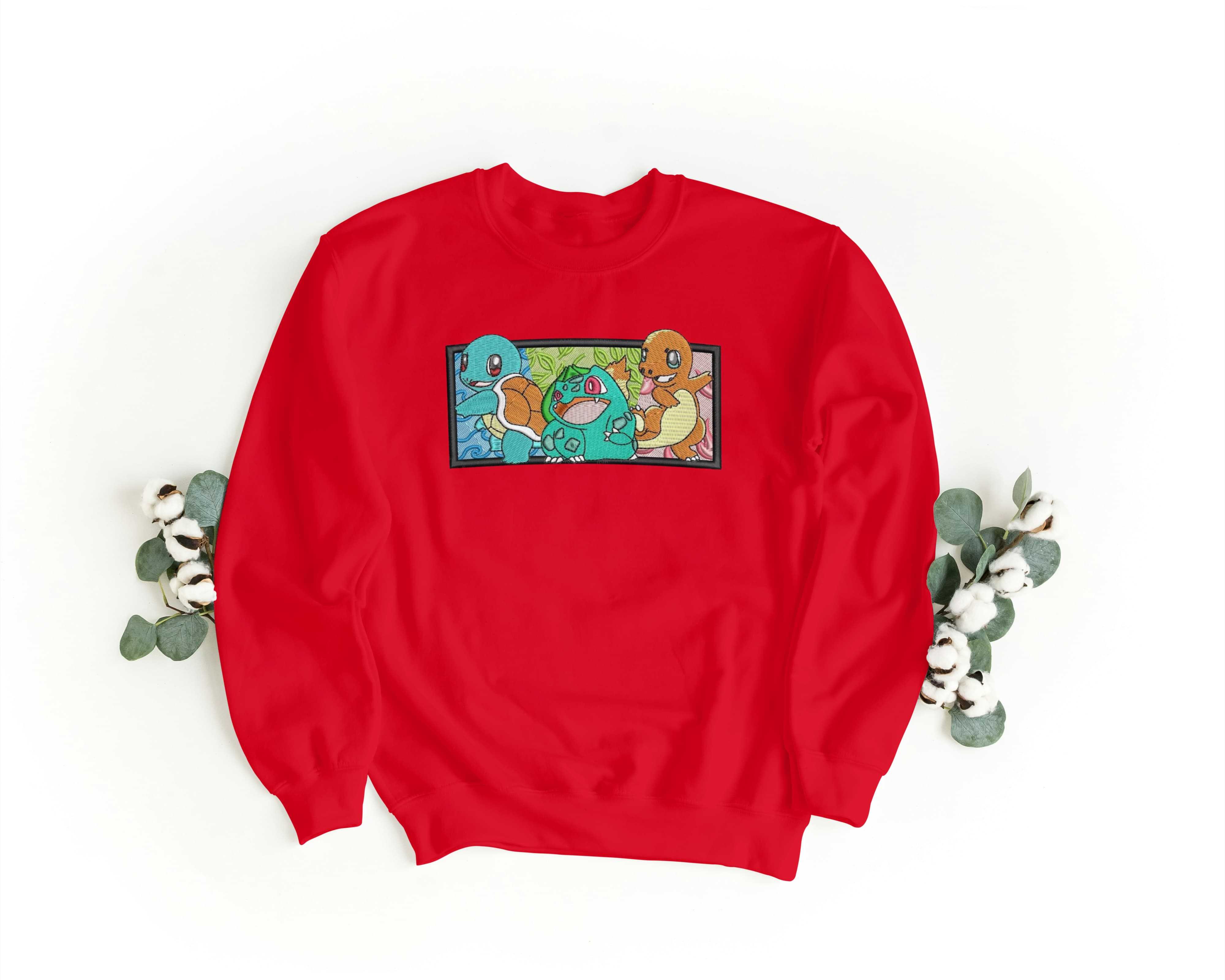 Felpa Ricamata Unisex a Girocollo – Morbida e Confortevole – Design Bulbasaur Charmander Squirtle-Biiply