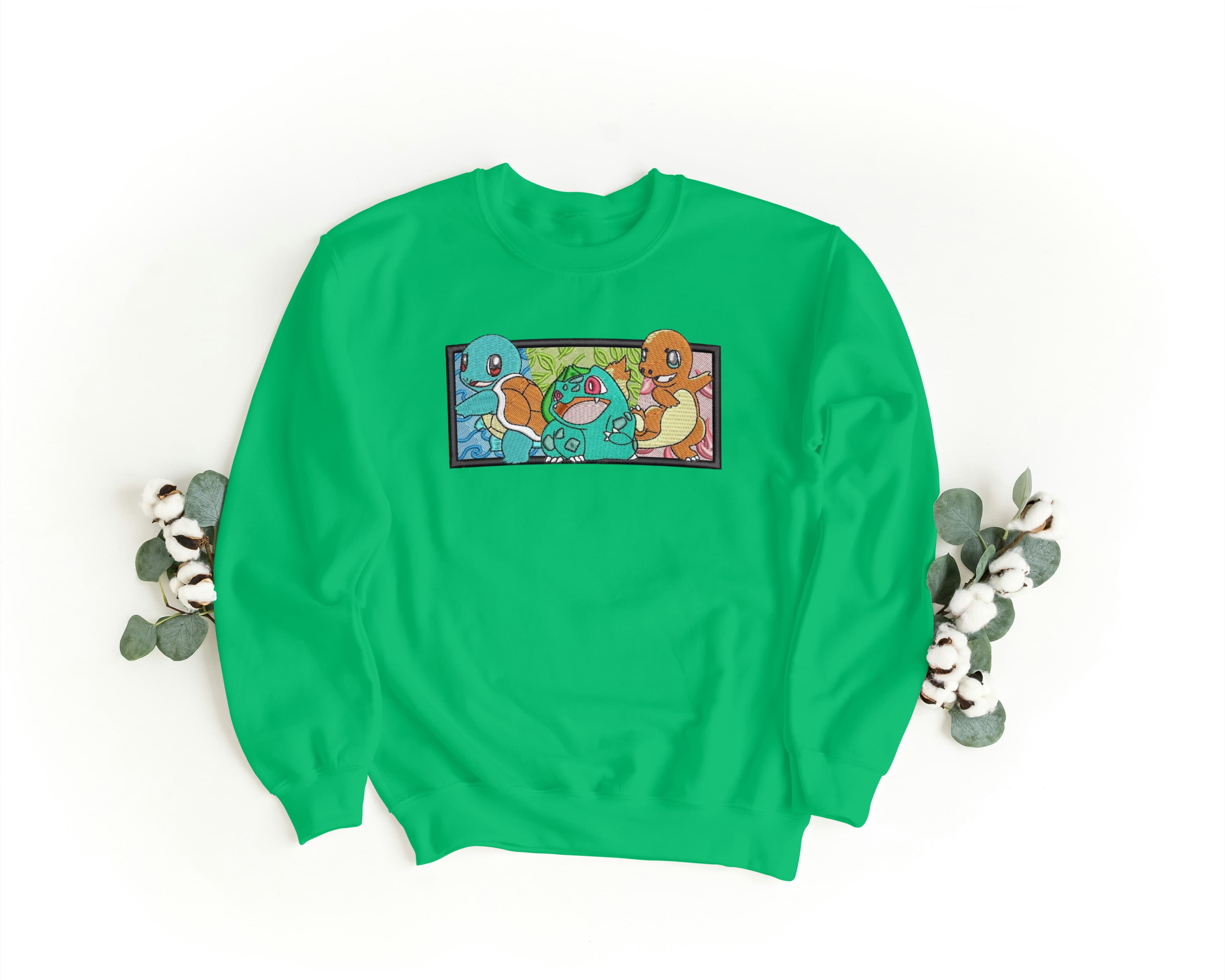 Felpa Ricamata Unisex a Girocollo – Morbida e Confortevole – Design Bulbasaur Charmander Squirtle-Biiply