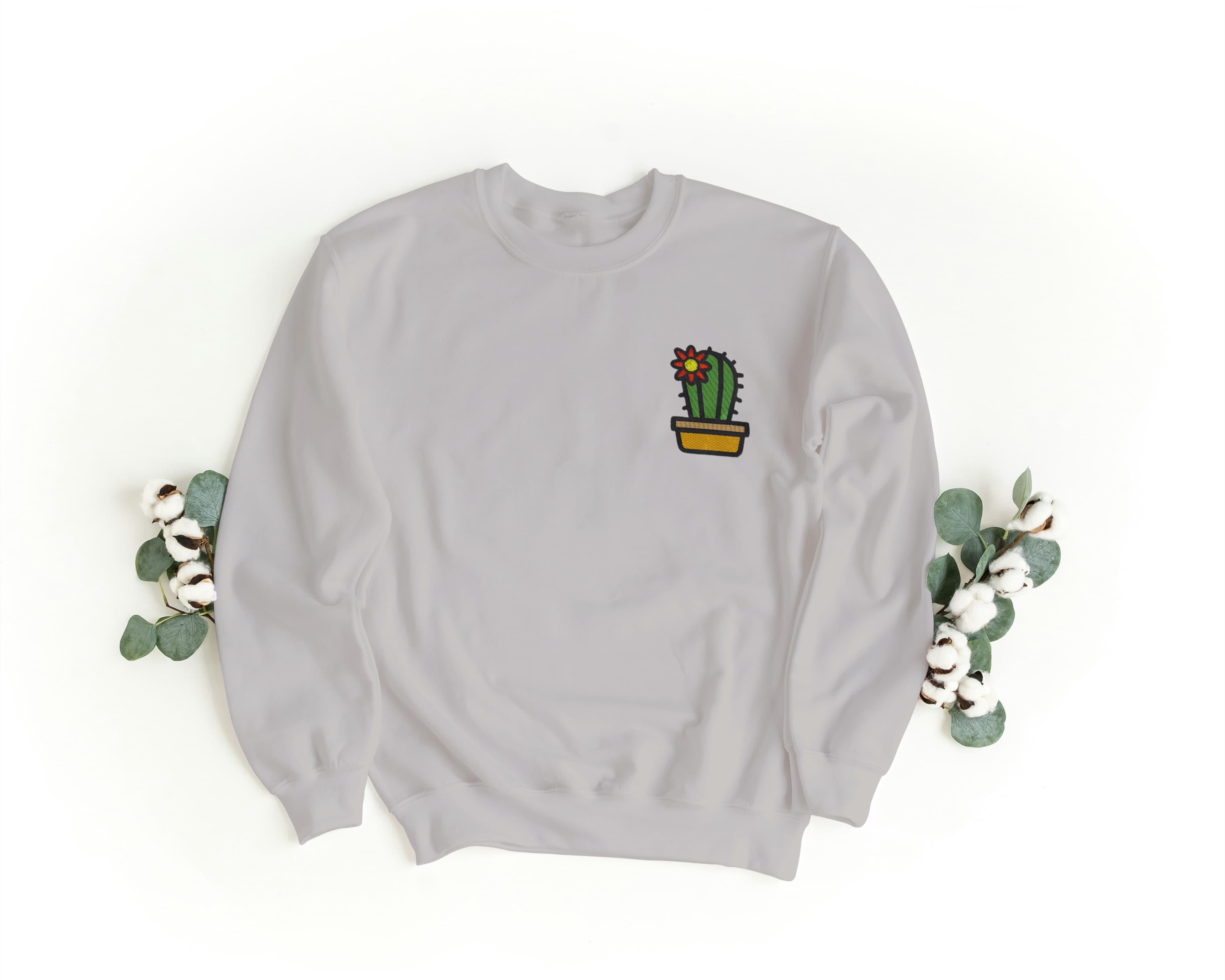 Felpa Ricamata Unisex a Girocollo – Morbida e Confortevole – Design Cactus-Biiply