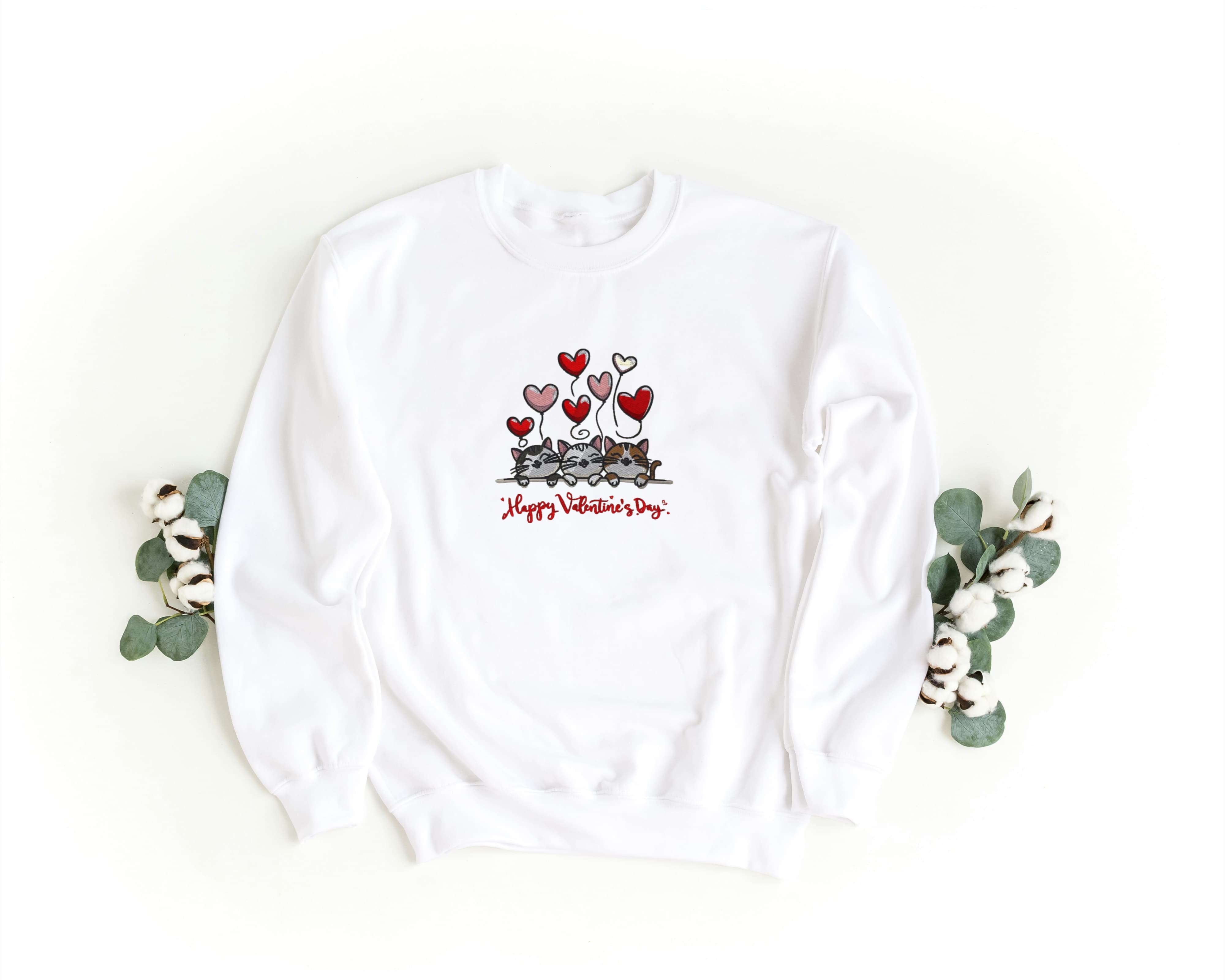 Felpa Ricamata Unisex a Girocollo – Morbida e Confortevole – Design Gatti Happy Valentines Day-Biiply