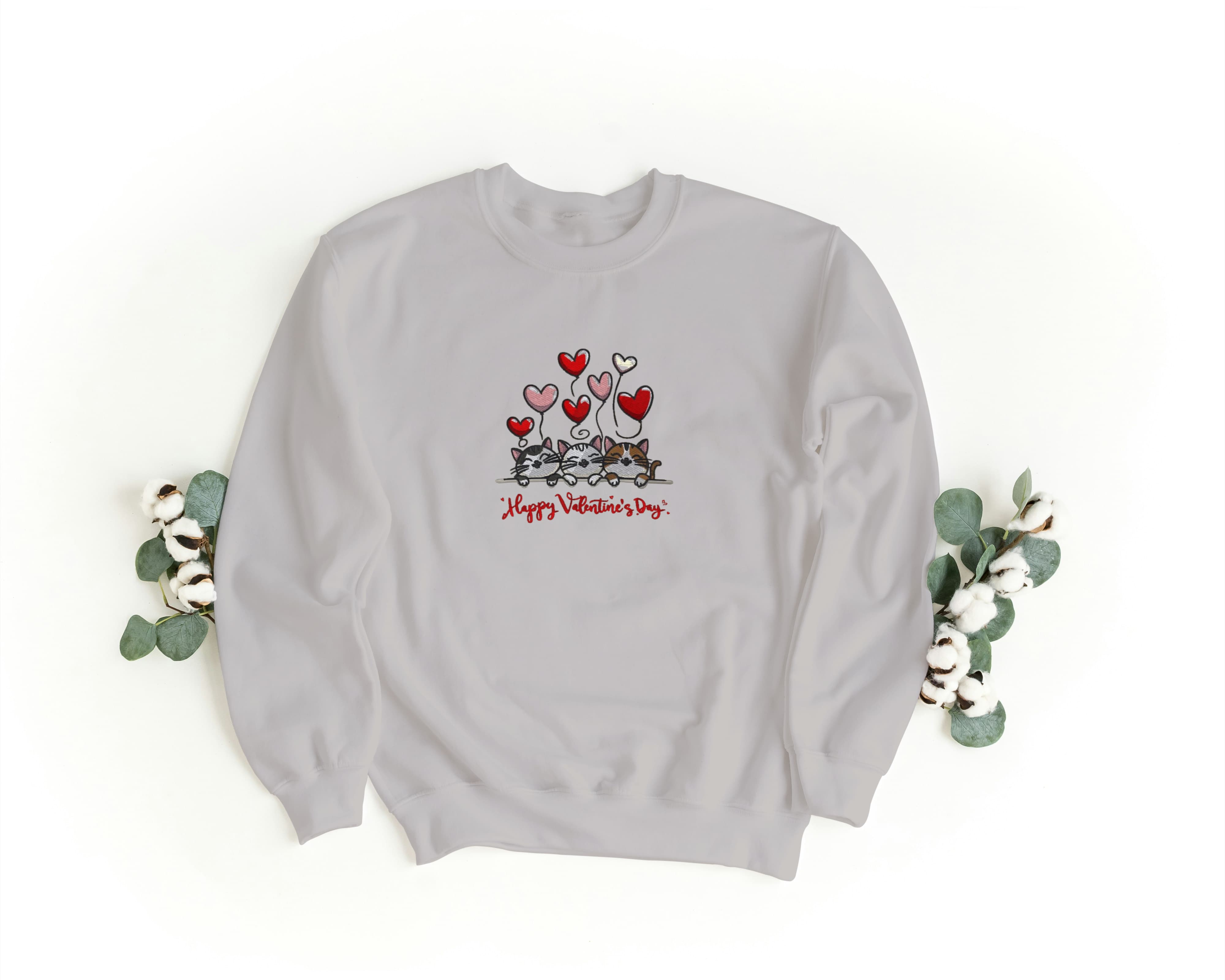 Felpa Ricamata Unisex a Girocollo – Morbida e Confortevole – Design Gatti Happy Valentines Day-Biiply