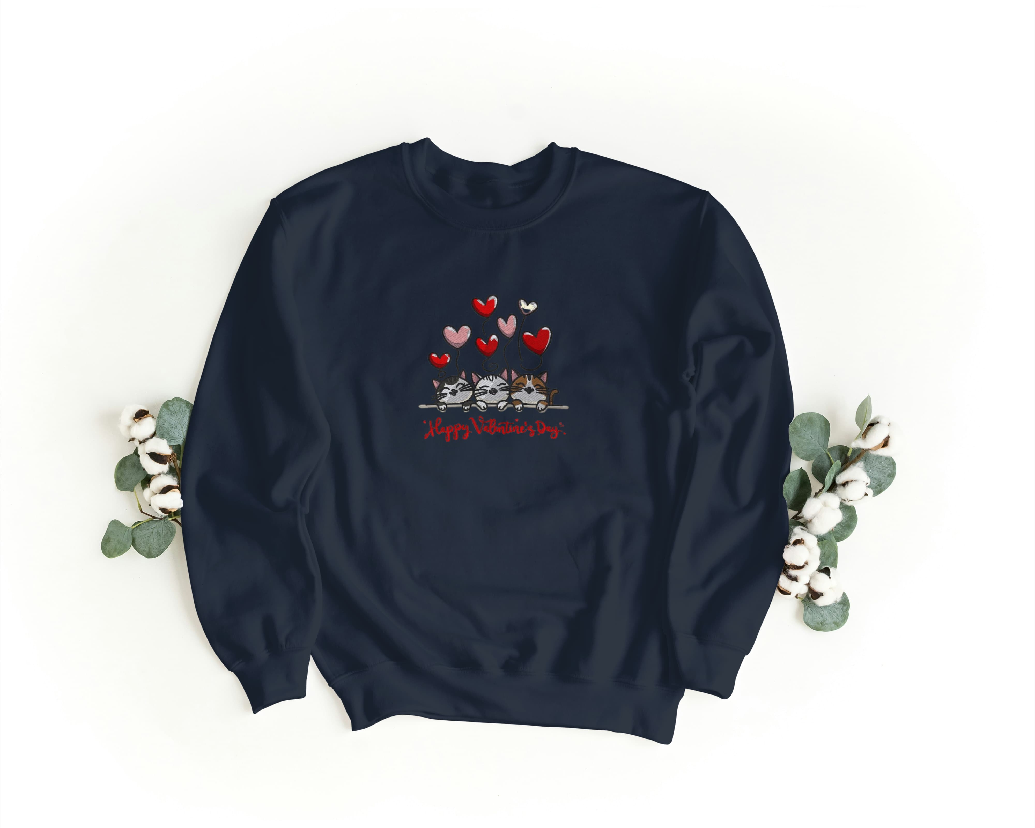 Felpa Ricamata Unisex a Girocollo – Morbida e Confortevole – Design Gatti Happy Valentines Day-Biiply