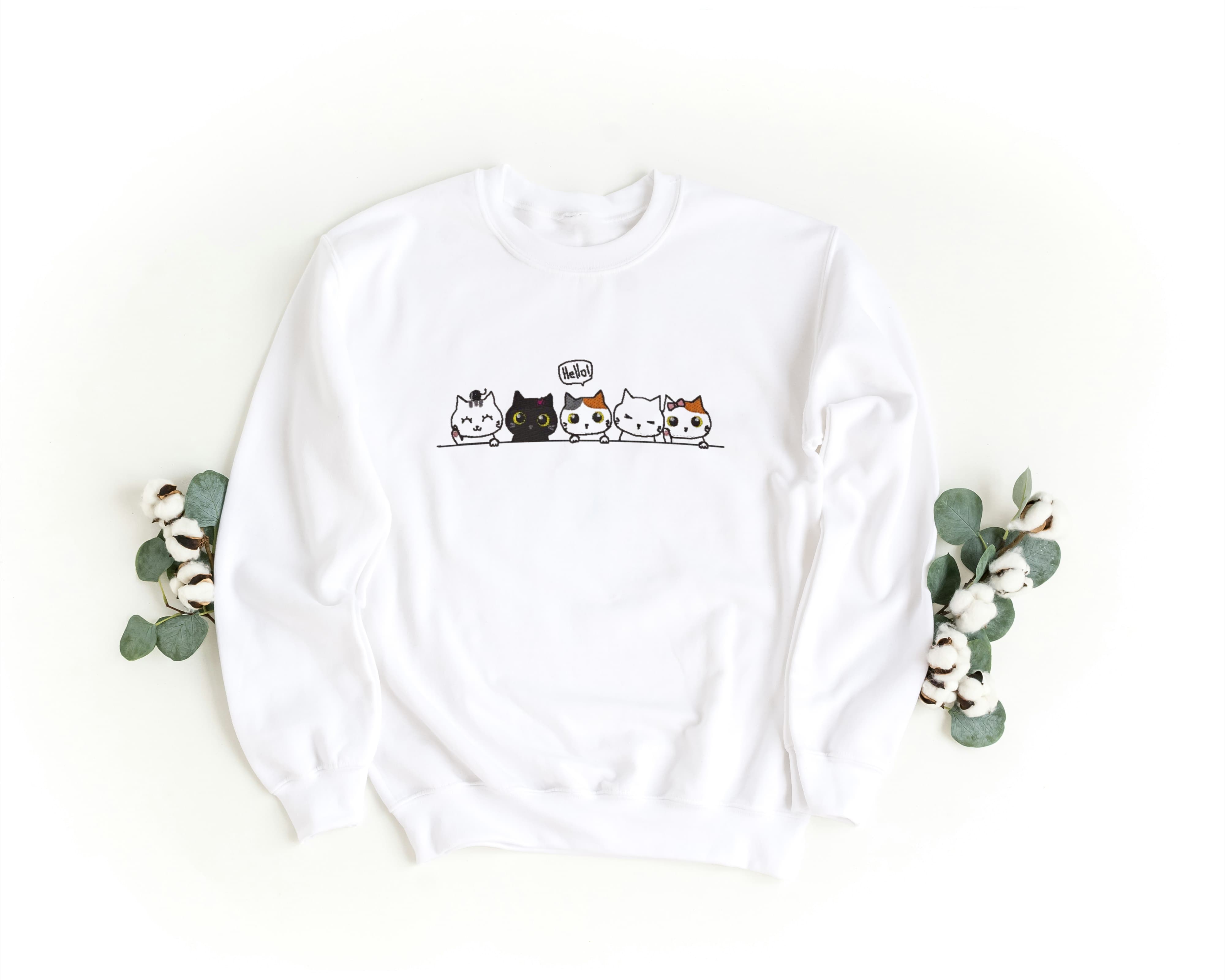 Felpa Ricamata Unisex a Girocollo – Morbida e Confortevole – Design Gatti che salutano-Biiply