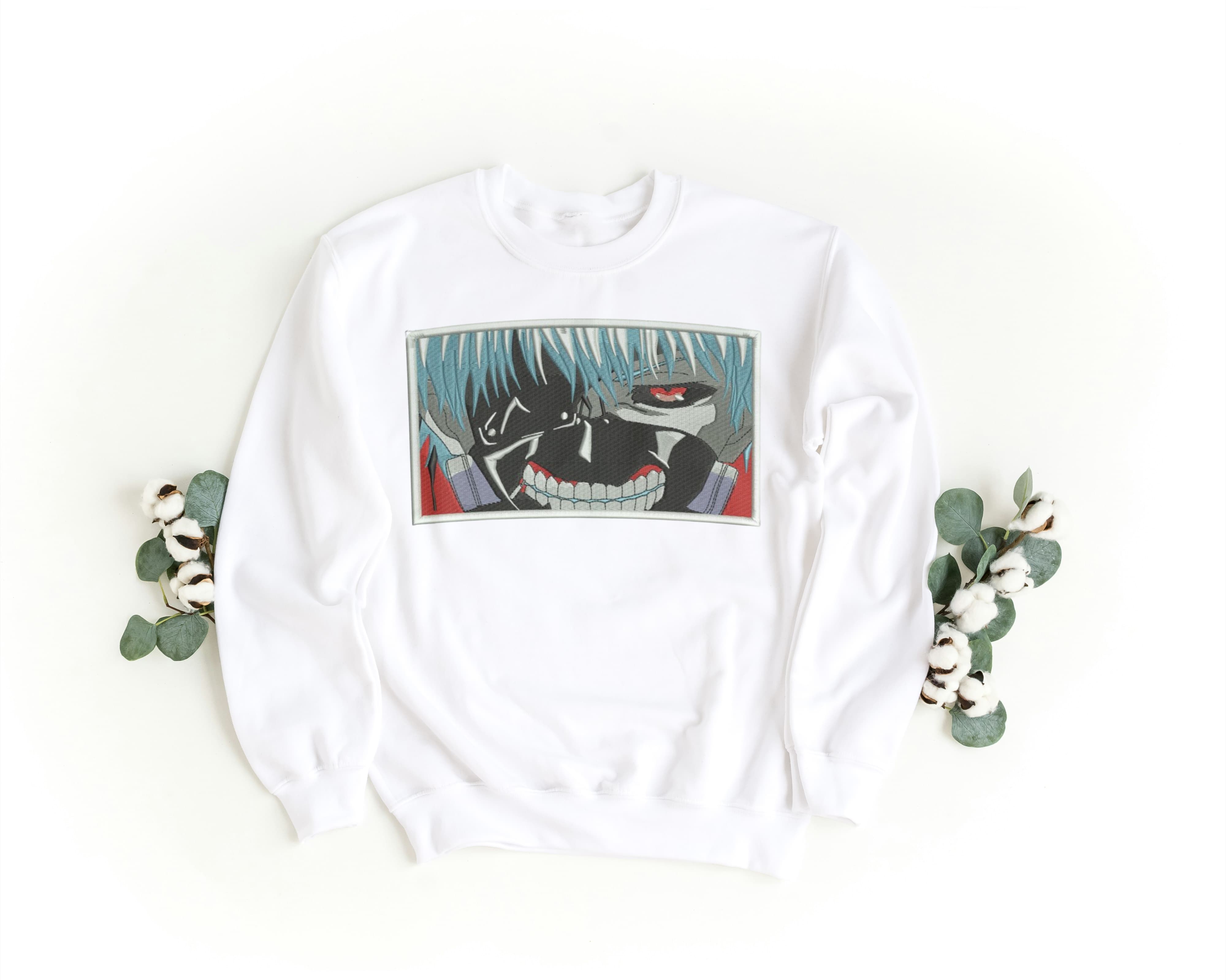 Felpa Ricamata Unisex a Girocollo – Morbida e Confortevole – Design Ken Kaneki Tokio Ghoul-Biiply