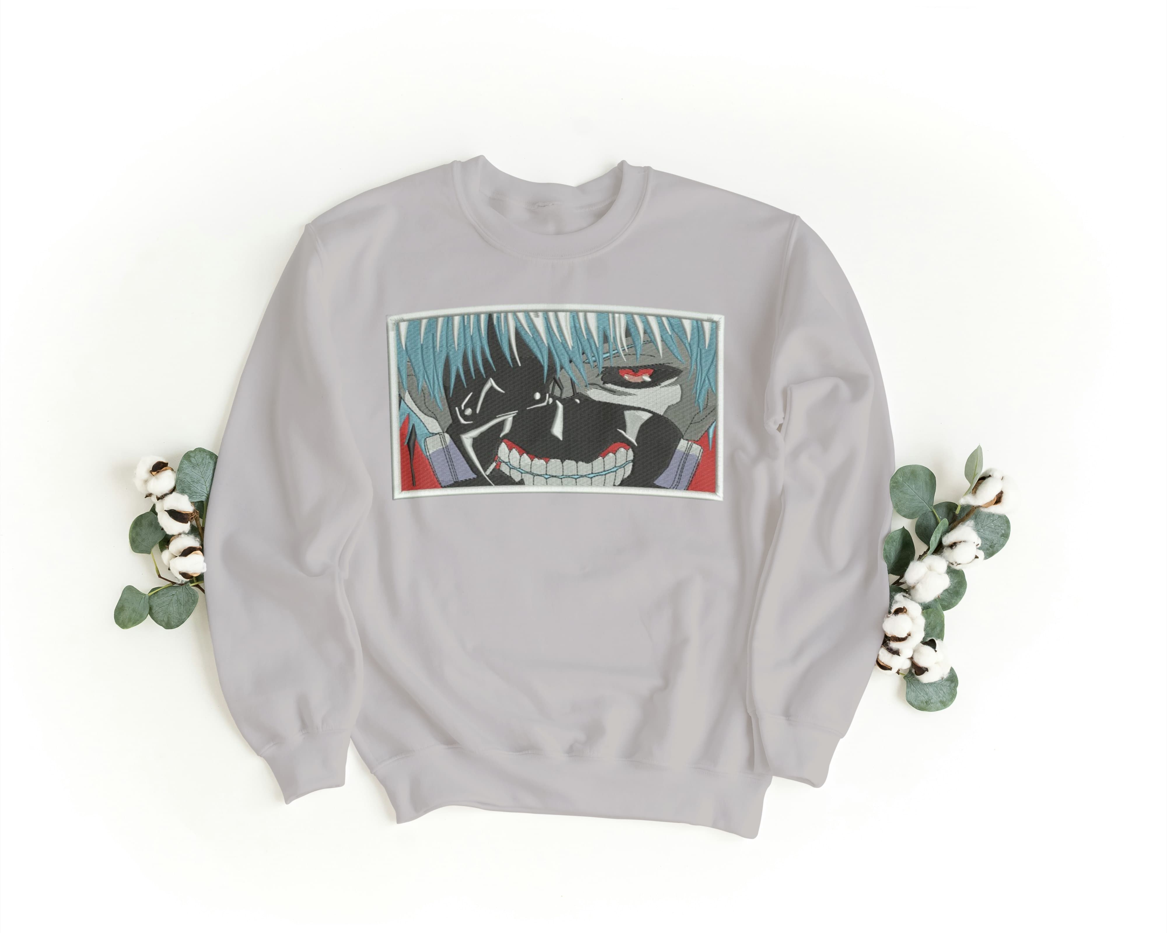 Felpa Ricamata Unisex a Girocollo – Morbida e Confortevole – Design Ken Kaneki Tokio Ghoul-Biiply