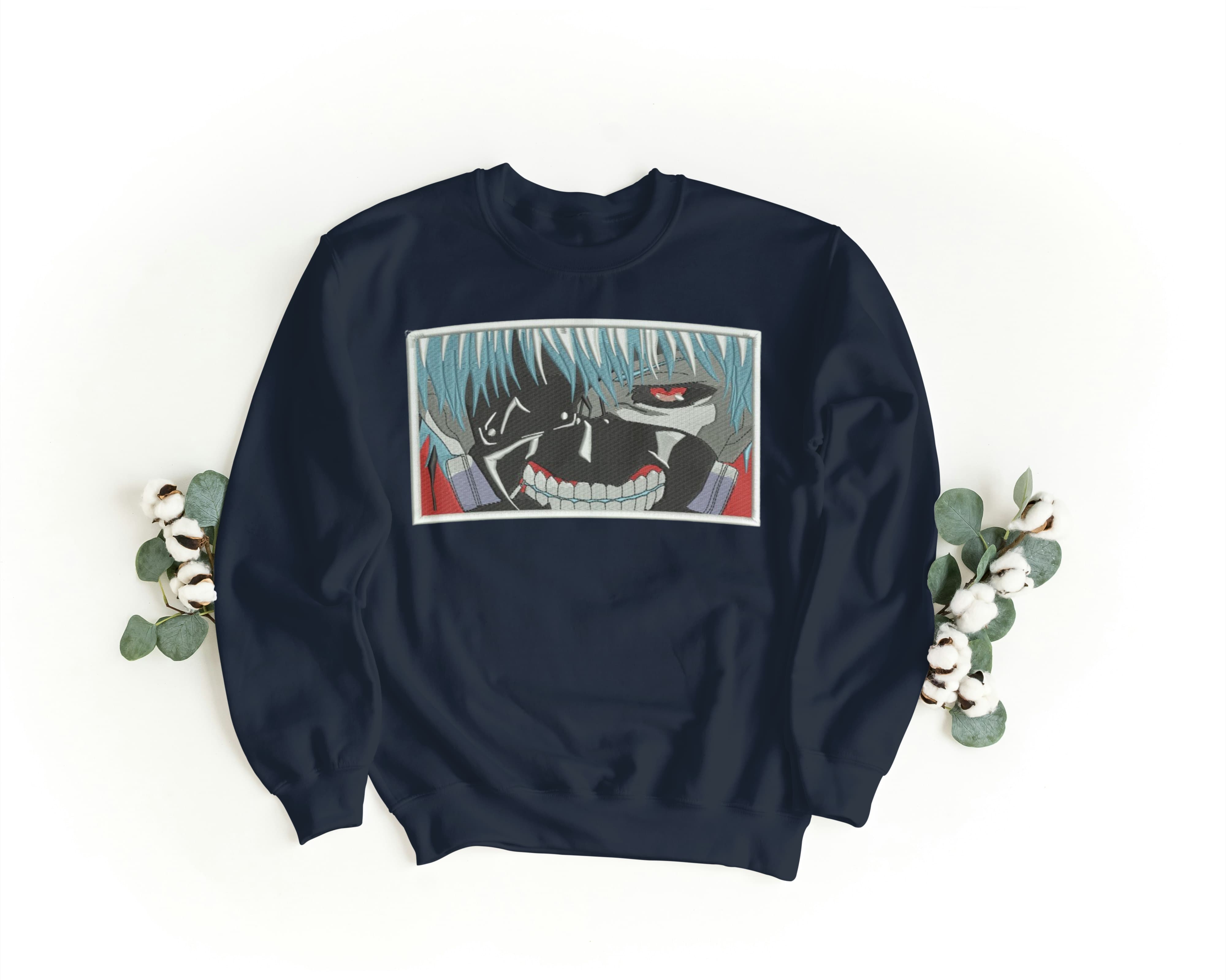 Felpa Ricamata Unisex a Girocollo – Morbida e Confortevole – Design Ken Kaneki Tokio Ghoul-Biiply