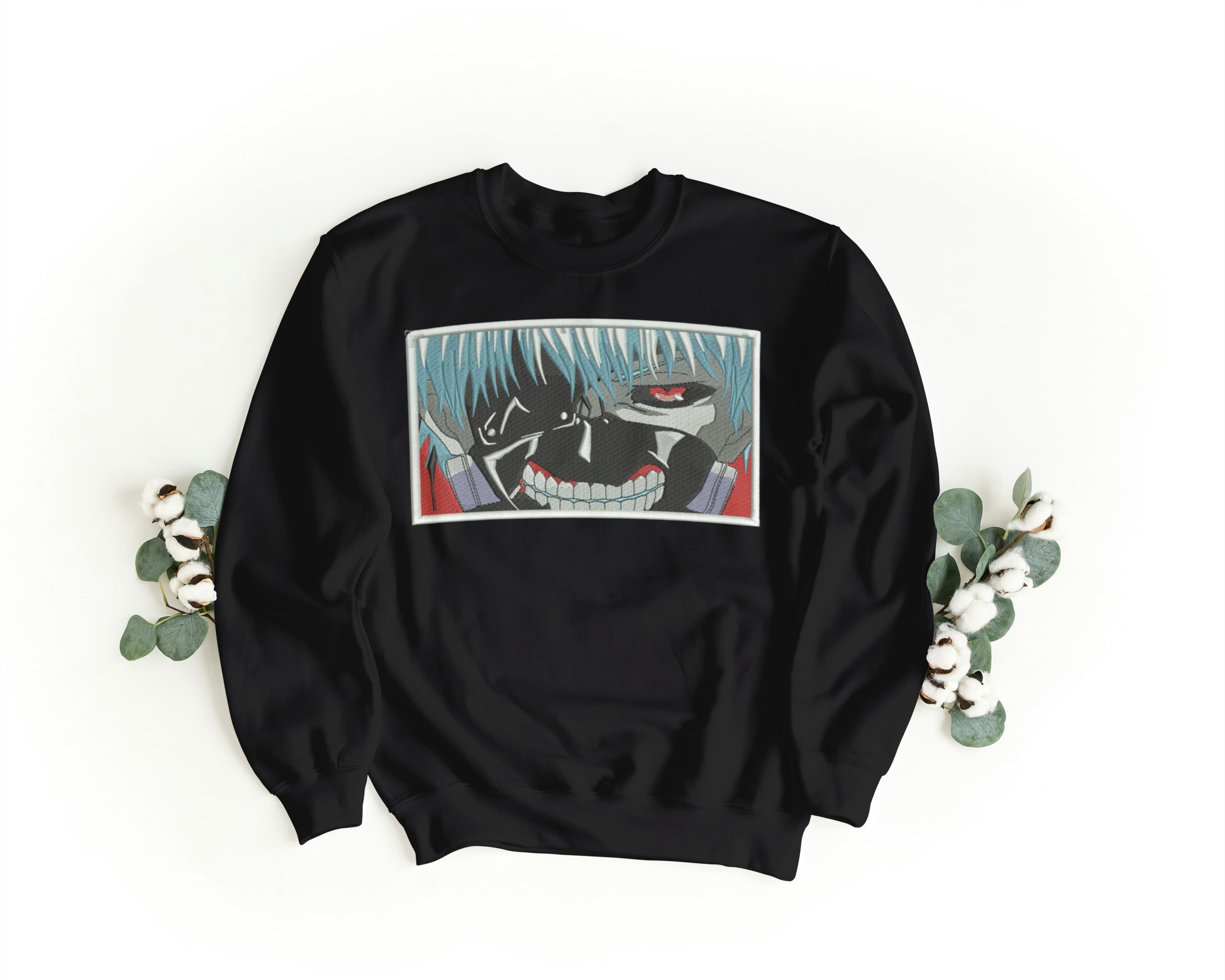 Felpa Ricamata Unisex a Girocollo – Morbida e Confortevole – Design Ken Kaneki Tokio Ghoul-Biiply