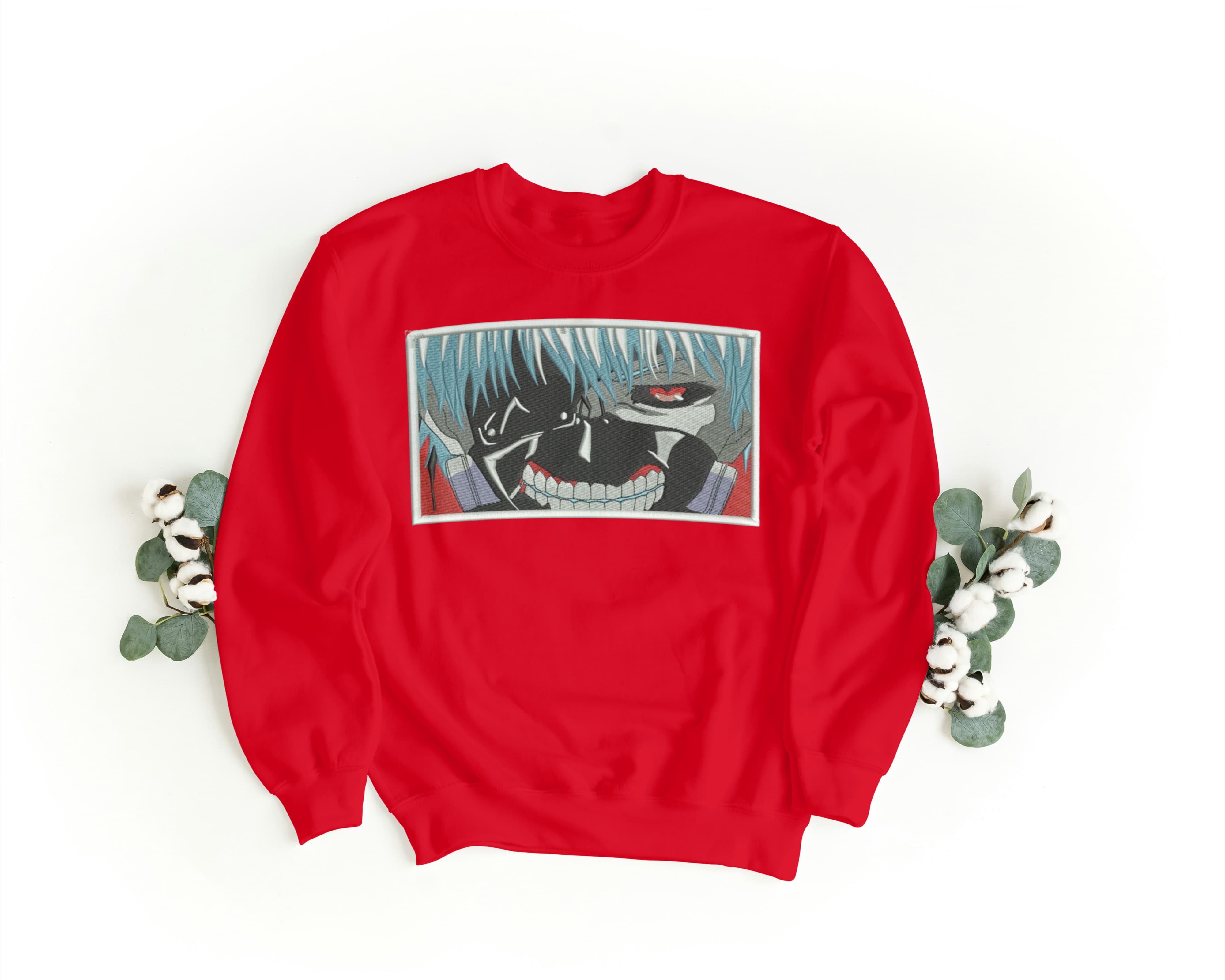 Felpa Ricamata Unisex a Girocollo – Morbida e Confortevole – Design Ken Kaneki Tokio Ghoul-Biiply