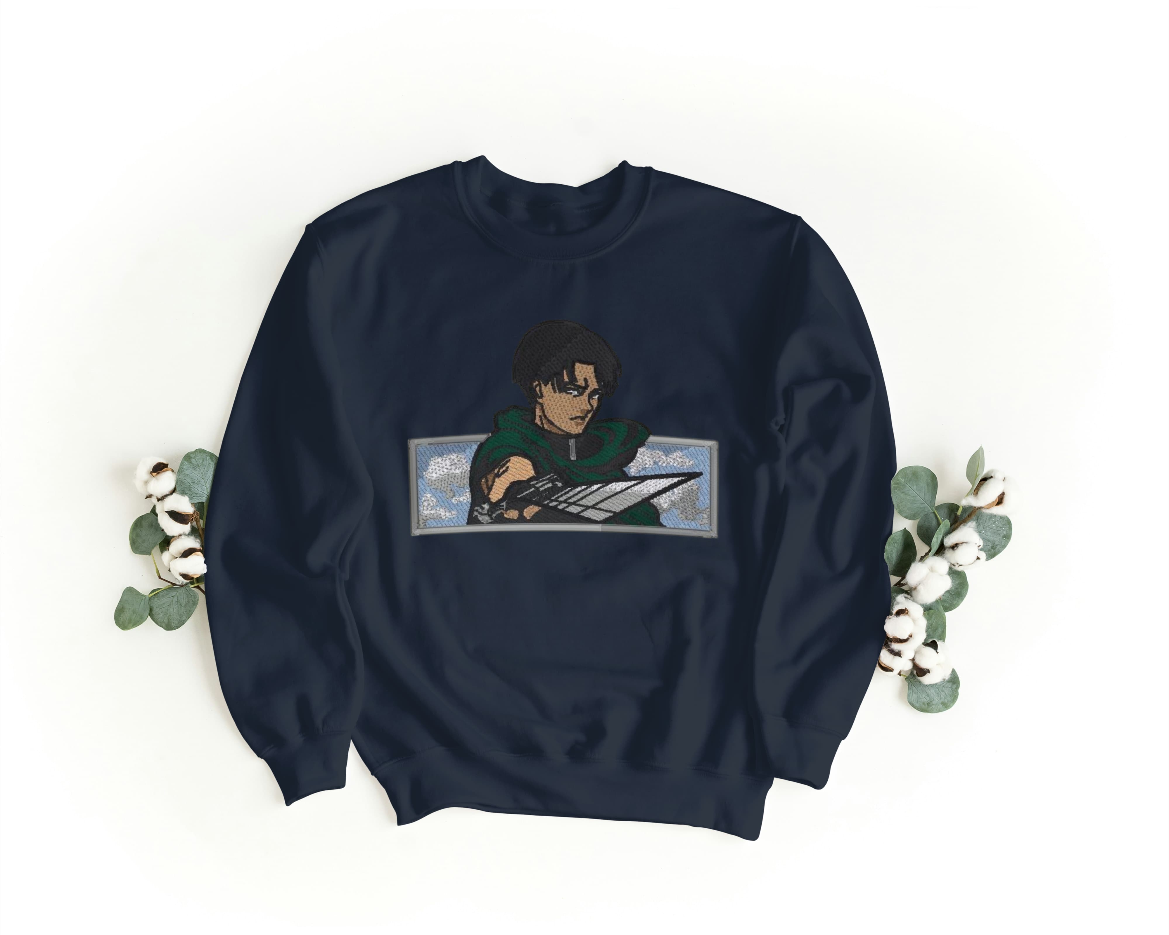 Felpa Ricamata Unisex a Girocollo – Morbida e Confortevole – Design Levi attack of titans-Biiply